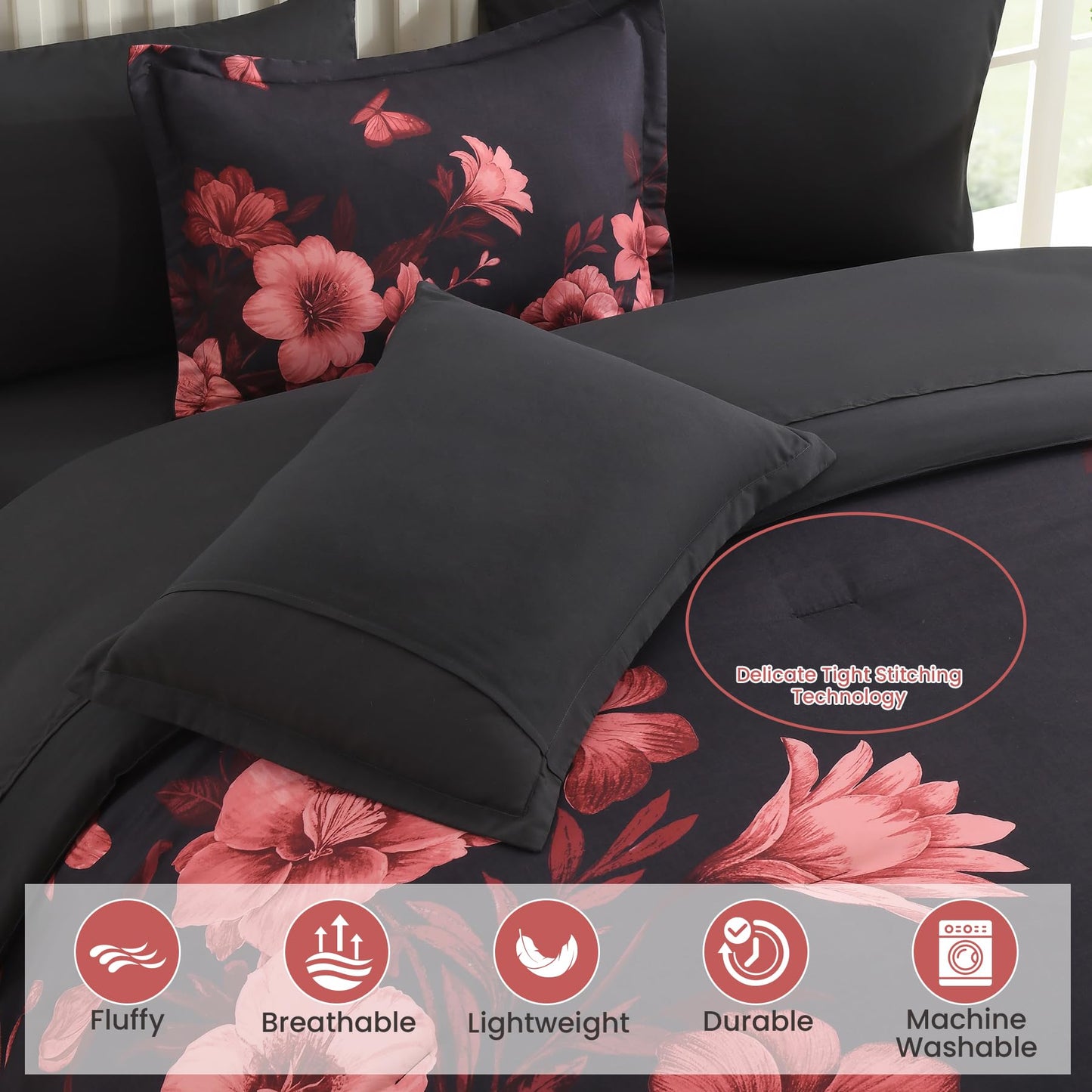 DHSFKBE Floral Comforter Set Queen Size, 7 Piece Black Bed in a Bag, Elegant Flower Pattern Comforter Set with Sheet, Soft Microfiber Complete Bedding Sets for All Season