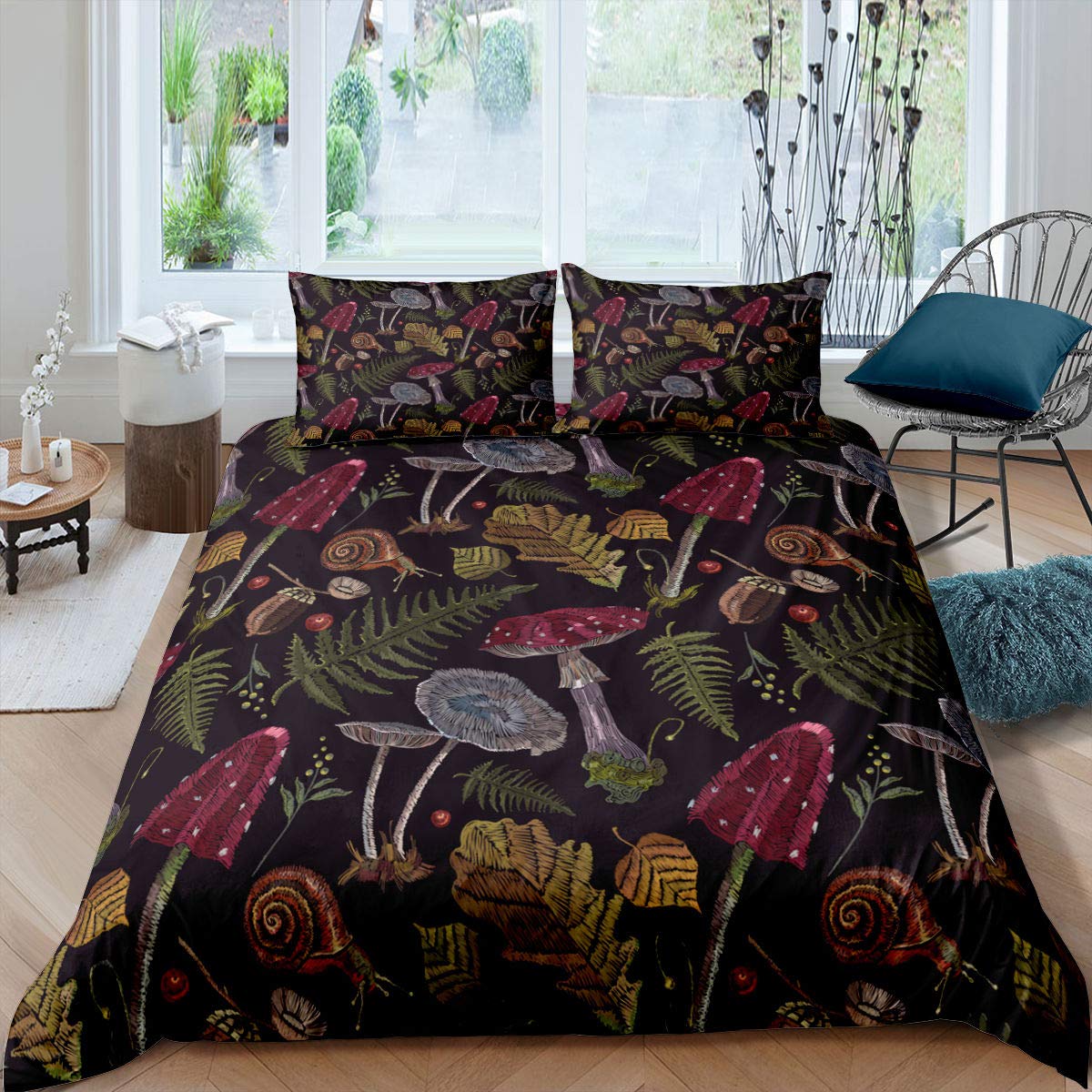 Wild Mushroom Duvet Cover Set Burgundy Plant Fall Thanksgiving Leaves Bedding Set 2pcs for Kids Farmhouse Style Snail Print Comforter Cover Soft Polyester Quilt Cover 1 Pillow Case Twin
