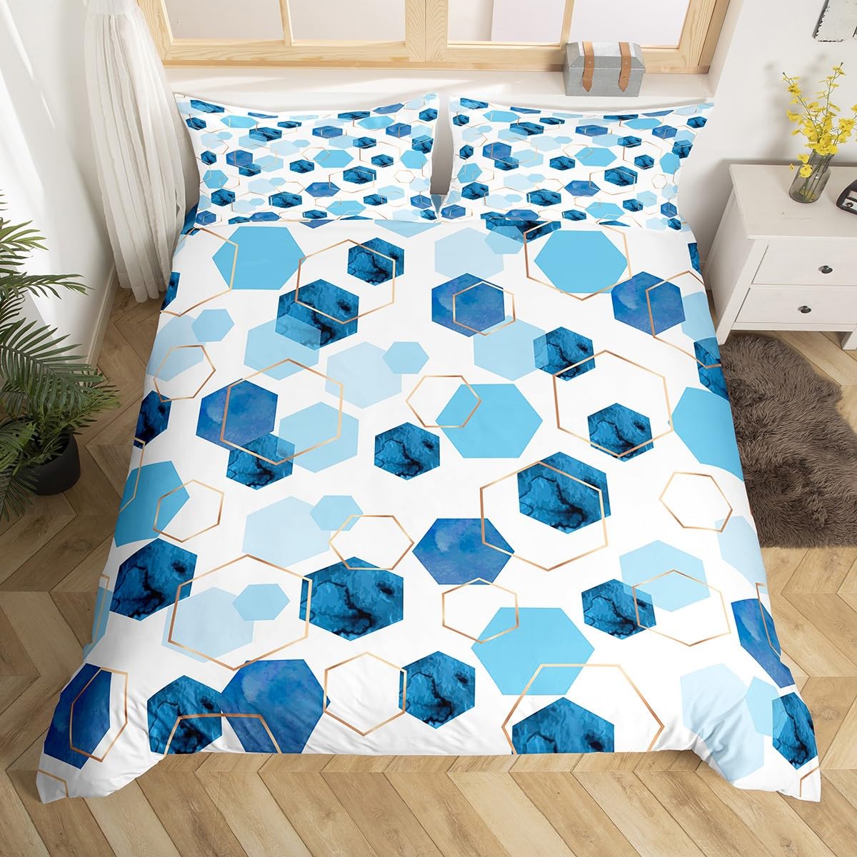 Erosebridal Hexagon Bedding Sets Queen Navy Blue Comforter Cover, Watercolor Honeycomb Bed Set Abstract Tie Dye Duvet Cover, Luxury Gold Hexagon Quilt Cover Microfiber (Zipper Closure)