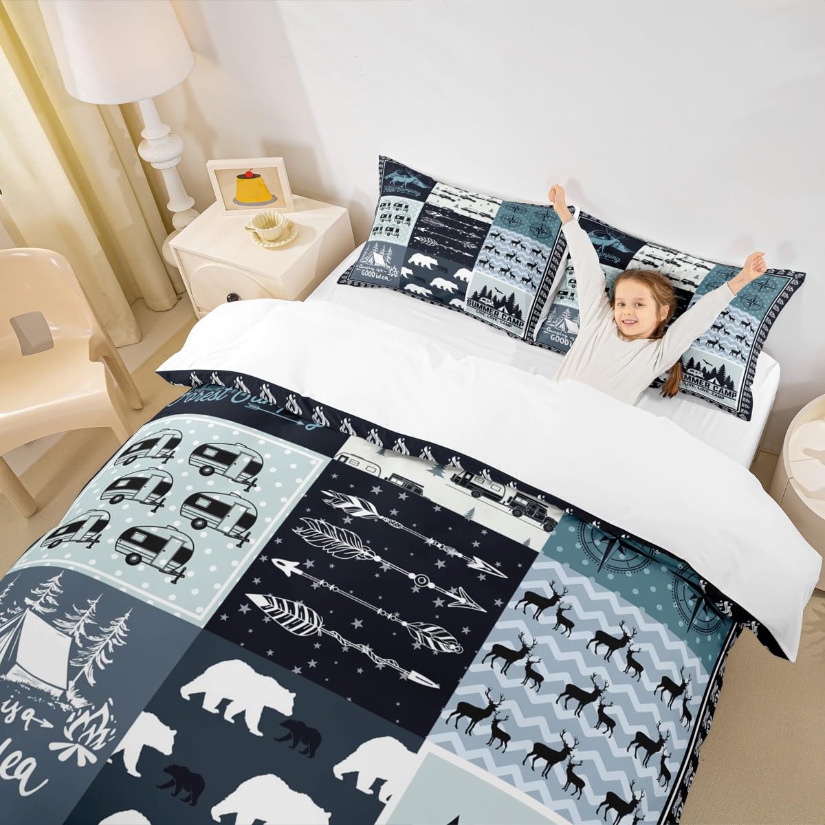 Camping Camper Duvet Cover Set Queen,Classic Lattice Bedding Set 3pcs for Kids Teens Adults Room Decor,Bear Deer Wild Animal Comforter Cover Rustic Farmhouse Blue Quilt Cover with 2 Pillowcases