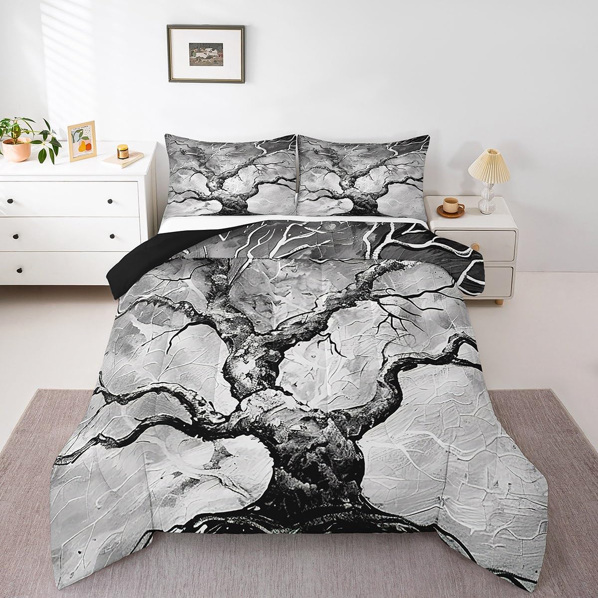 Manfei Tree Branch Comforter Set,Grey Tree Bedding Set Kids Teens Modern Decor,Modern Artwork Geometric Comforter with 1 Pillowcase for All Seasons,Twin