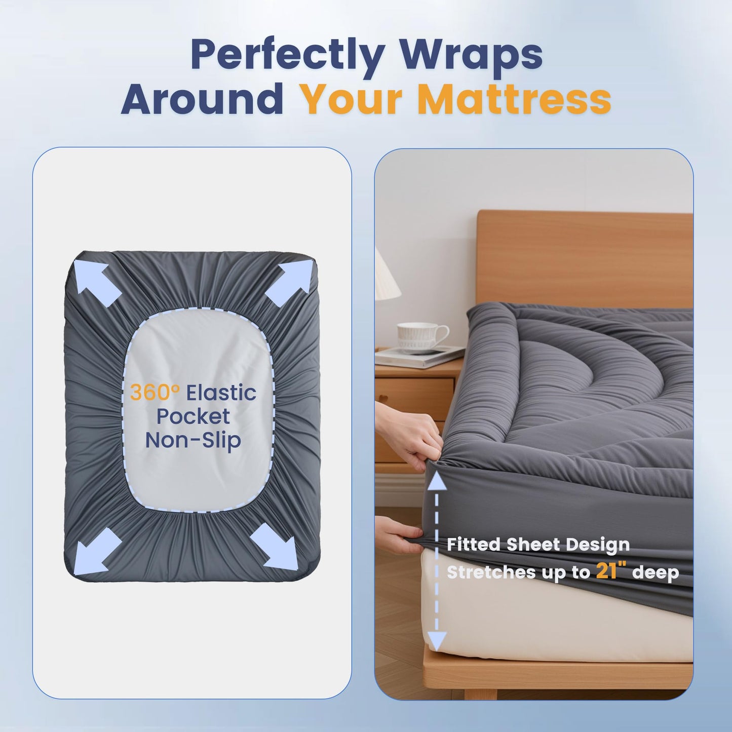 Waterproof Queen Mattress Pad, Noiseless Mattress Protector with 8"-21" Deep Pocket, Quilted Fitted Soft Mattress Topper Cover for Accidents, Machine Washable, Grey, 60x80