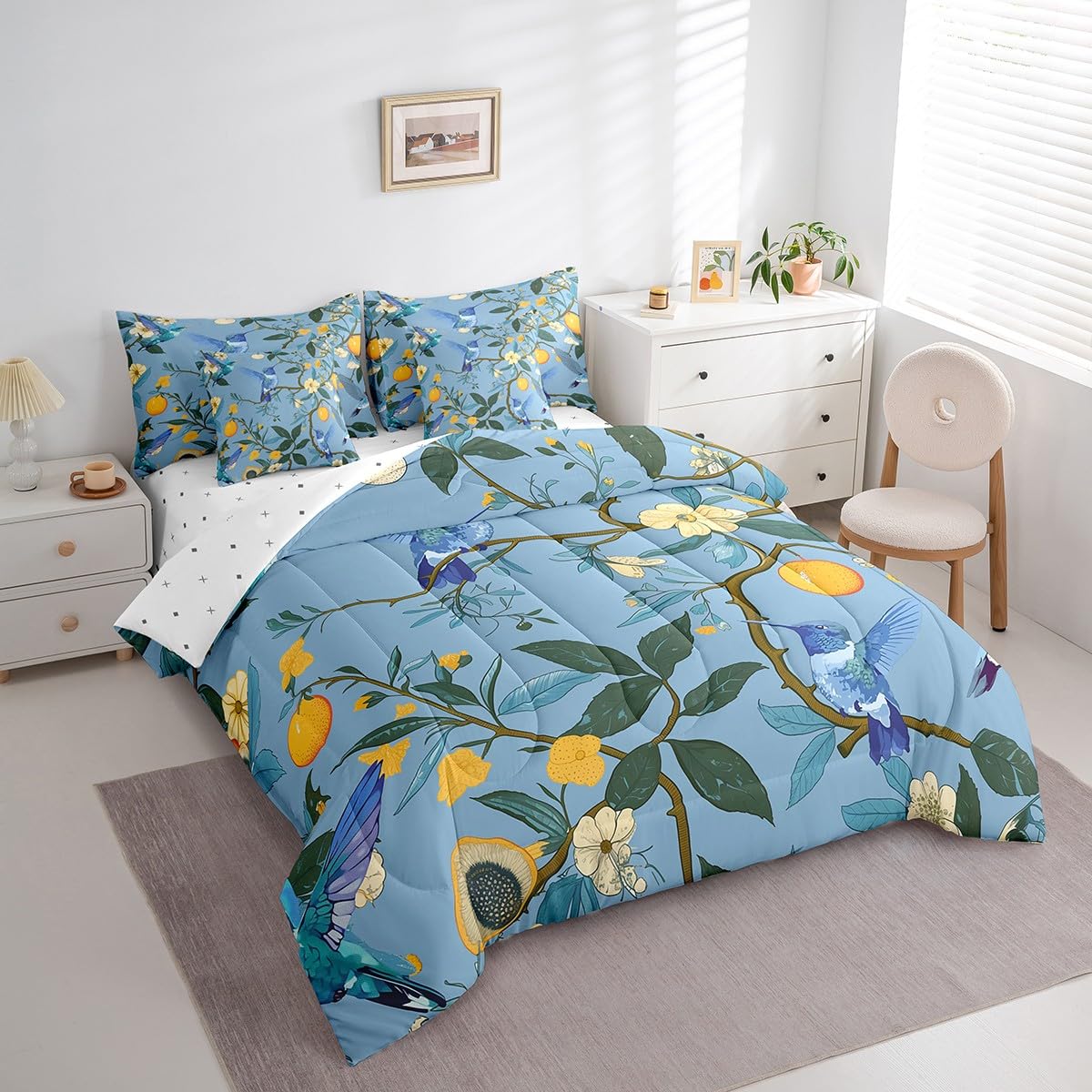 Erosebridal Hummingbirds Bedding Set for Kids Teens,Oil Painting Fruit Comforter Set King Size,Lemon Tree Branches (Comforter+Fitted+Flat Sheet+2 Pillowcases+2 Throw Pillow Covers) 7 Pieces Bed Set