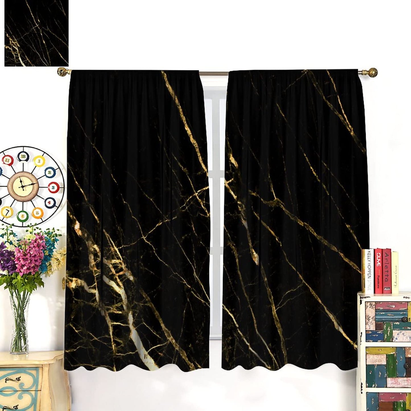 Luxury Black Gold Window Curtains,Golden Lines Marble Texture Modern Style Room Darkening Door Window Rod Pocket Curtain for Living Room Bedroom W42xL45in