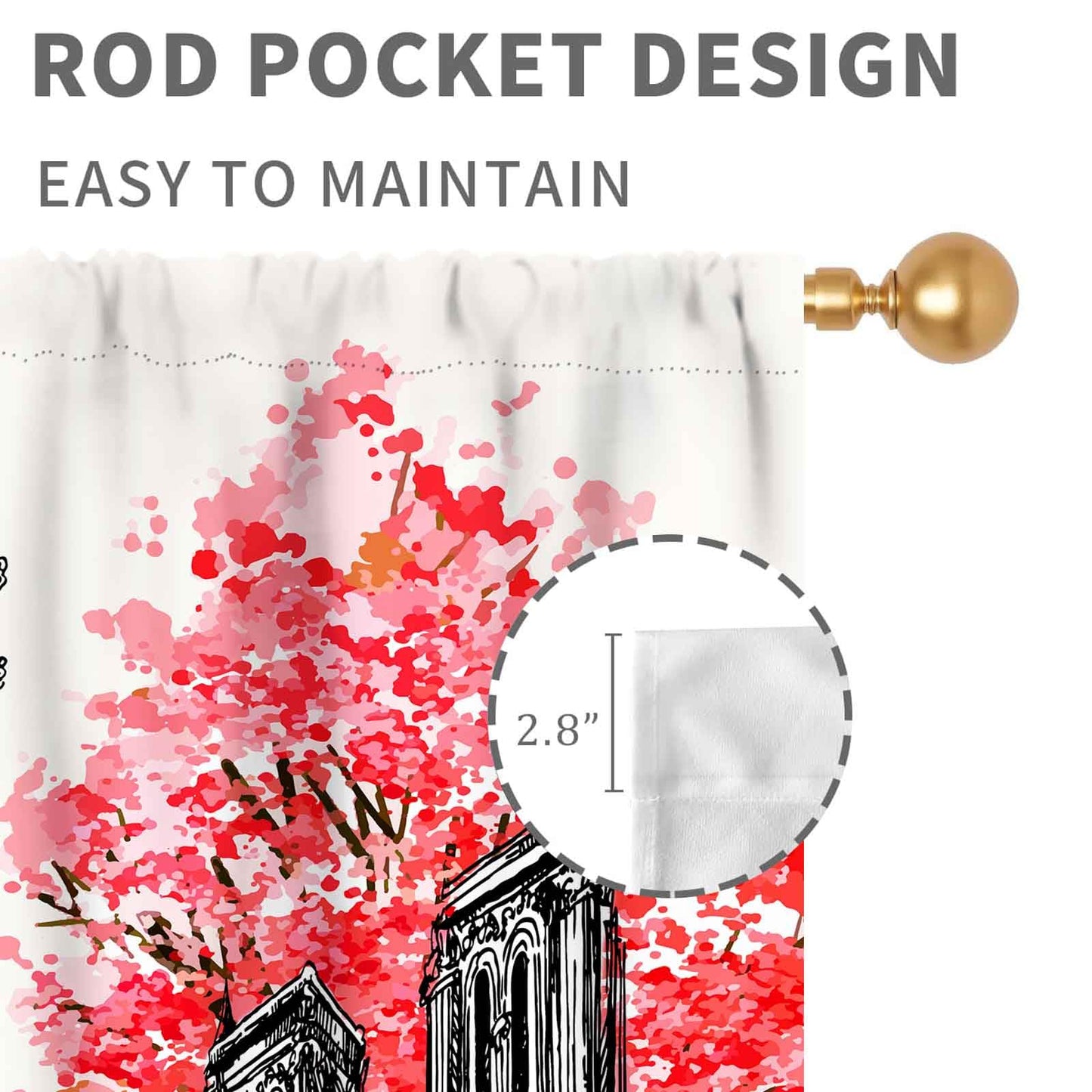 Paris Eiffel Tower Curtains, European City Scenery Landscape Landmark Famous Cityscape Romantic Modern Red Girls Woman Window Drapery for Bedroom Living Room Kitchen Bathroom 2 Panels, 42"x45" Inch
