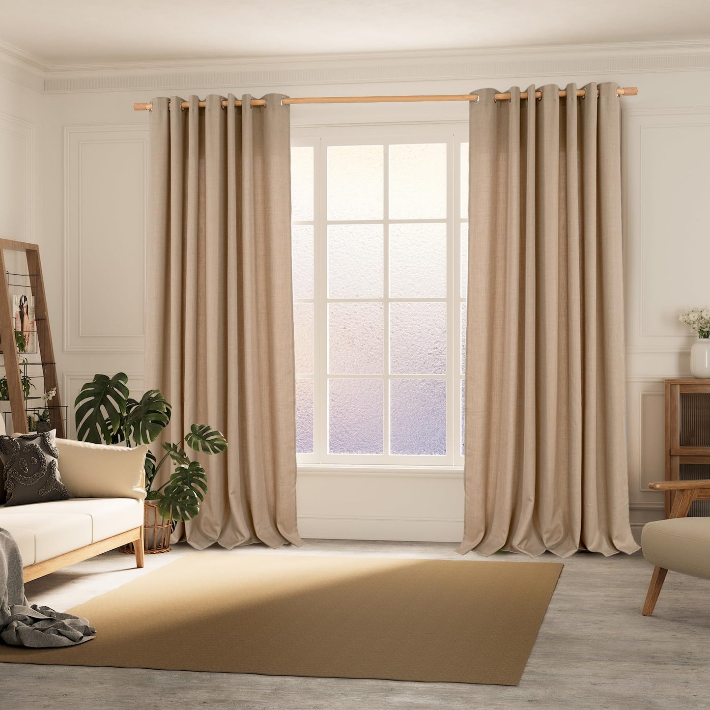 BGment Tan Curtains 84 Inch - Linen Burlap Texture Light Filtering Semi Sheer Boho Farmhouse Window Panels for Living Room, Set of 2, 52" Wide