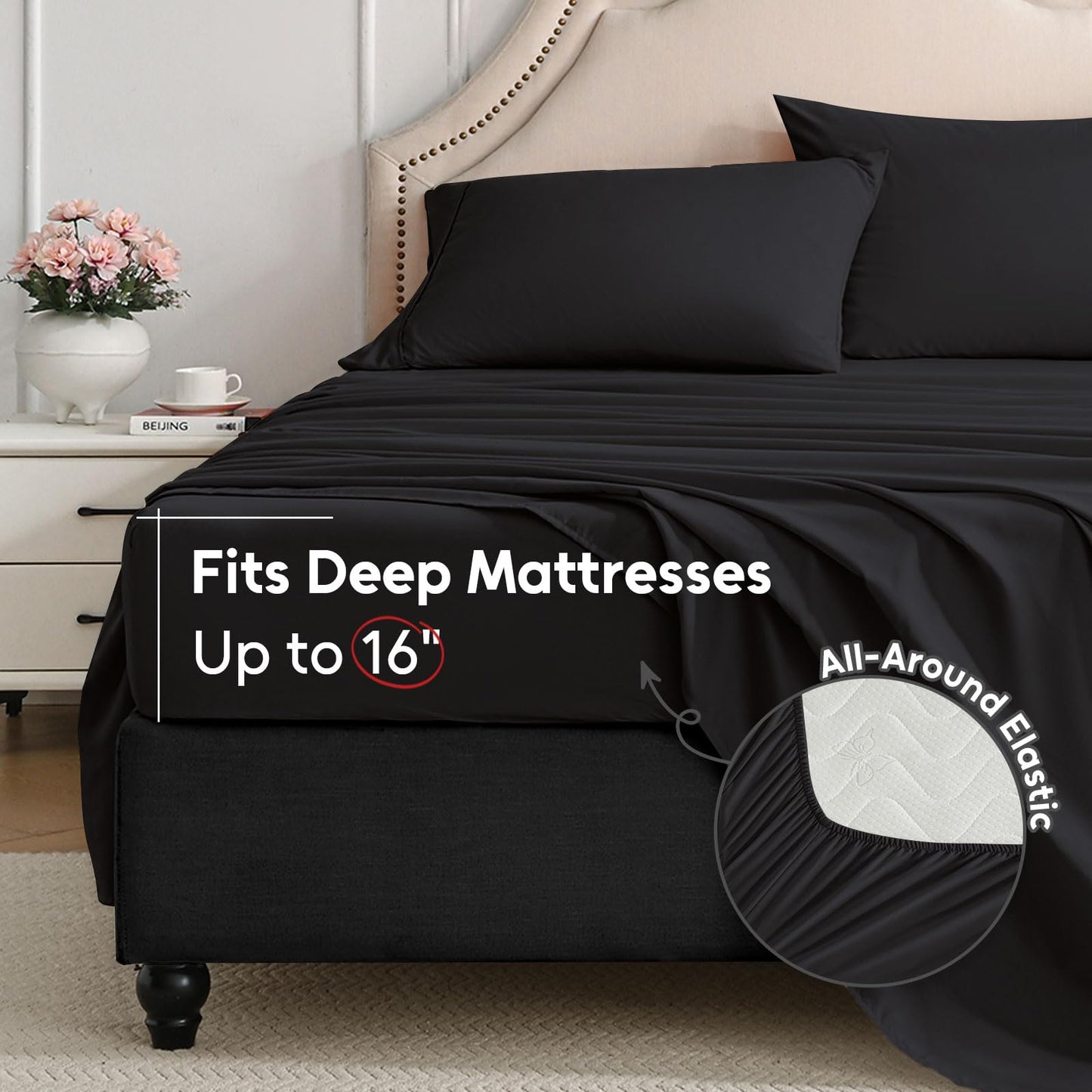 Swiftify Twin Sheets Set, 3 Pieces Hotel Luxury Soft Microfiber Bed Sheets Set, Up to 16" Deep Pockets, Oeko-Tex Sheets with Elastic, Breathable, Wrinkle Free(Black,Twin)
