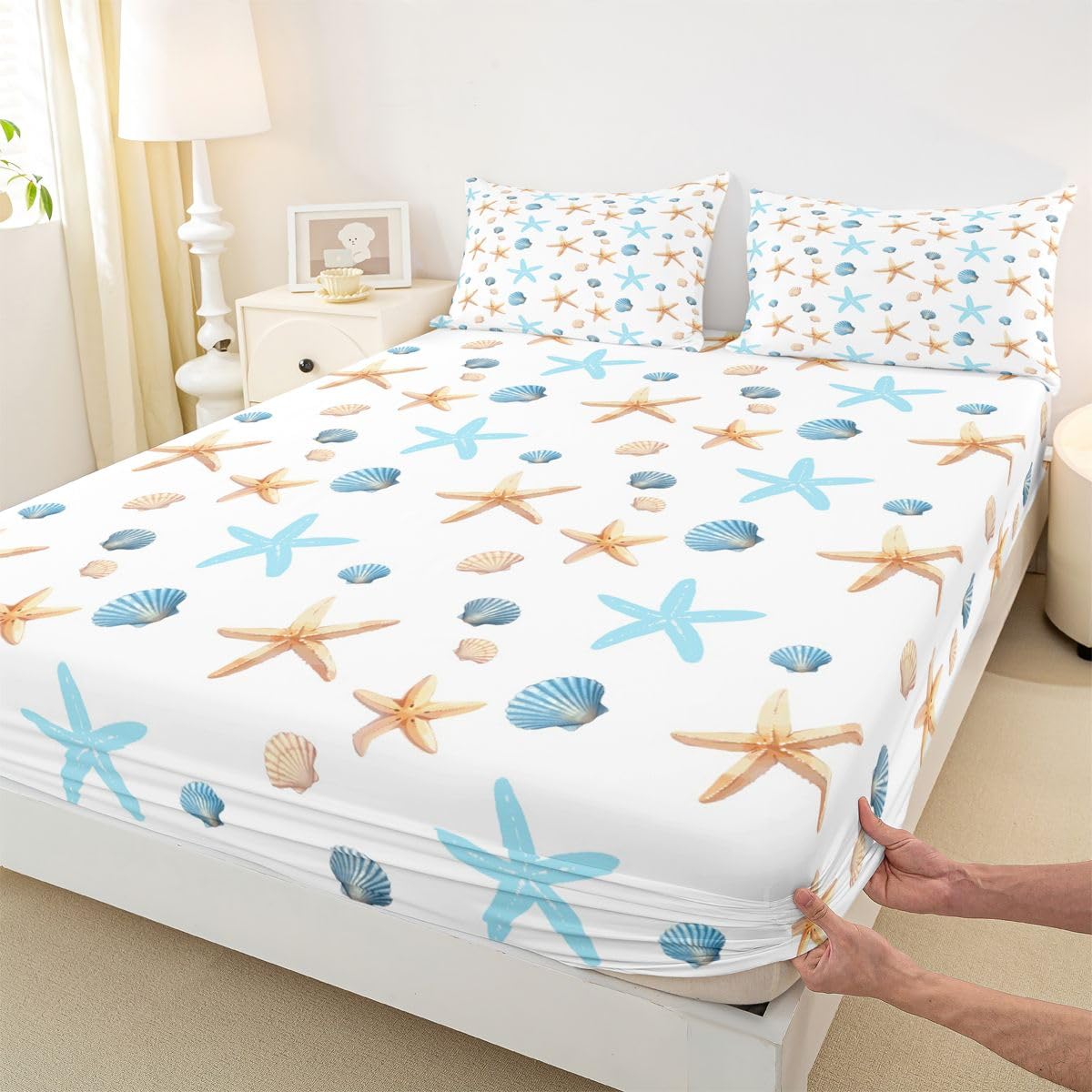 Castle Fairy Khaki Starfish Fitted Sheet Queen Size (No Flat),Blue Shell Bedding Sets 3Pcs,Girls Boys Adult Room Decor,Ocean Life Bed Cover Hawaii Beach Deep Pocket Sheet,2 Pillowcases