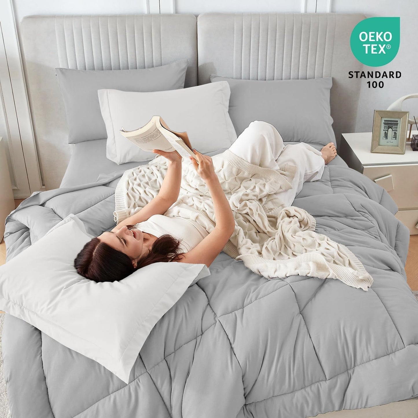 Sasttie Queen Comforter Set, 7 Pieces Bed in a Bag Queen, Complete Bedding Set Includes Comforter, Flat Sheet, Fitted Sheet, Pillowcases and Pillow Shams, Ivory & Light Grey