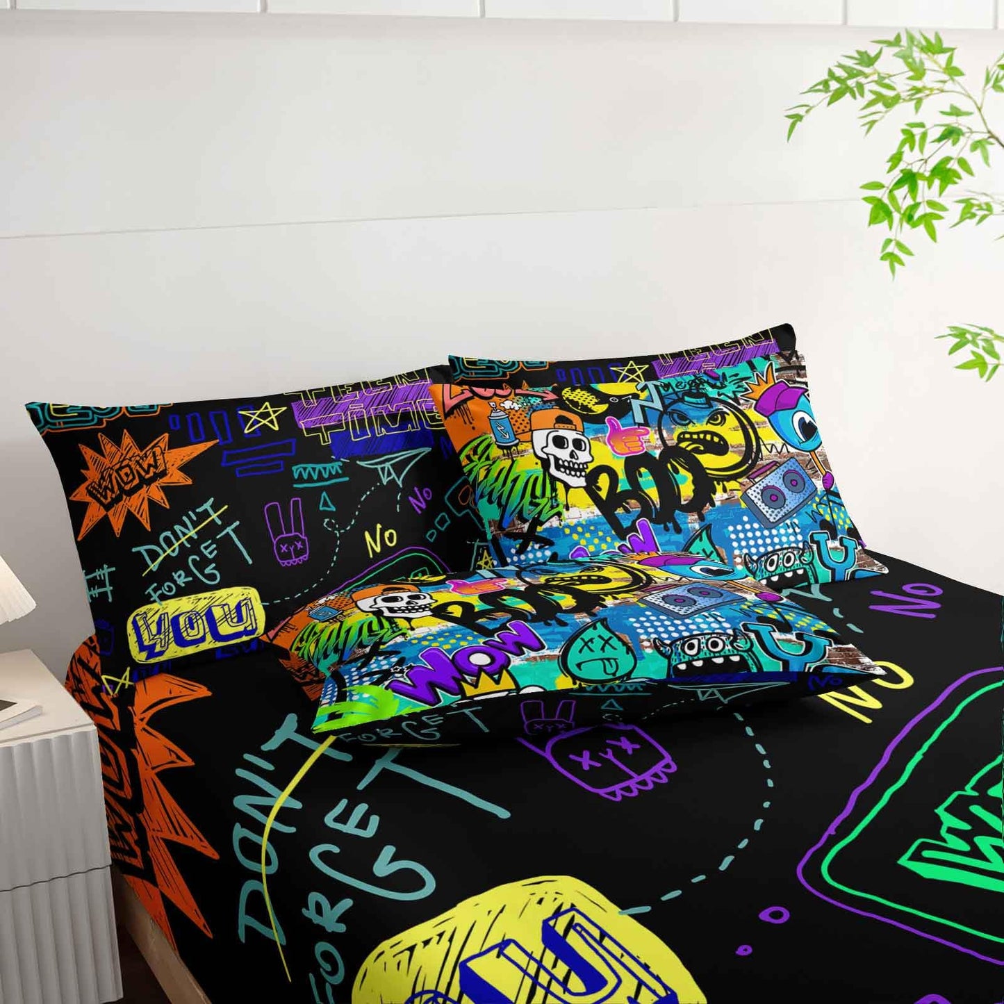 AILONEN Cartoon Skull Bedding Set Full Size 7Pcs - Hip Hop Graffiti Bed in a Bag Soft Microfiber,Colorful Comforter & Fitted Sheet & Flat Sheet & 2 Pillowcases,2 Pillow Shams