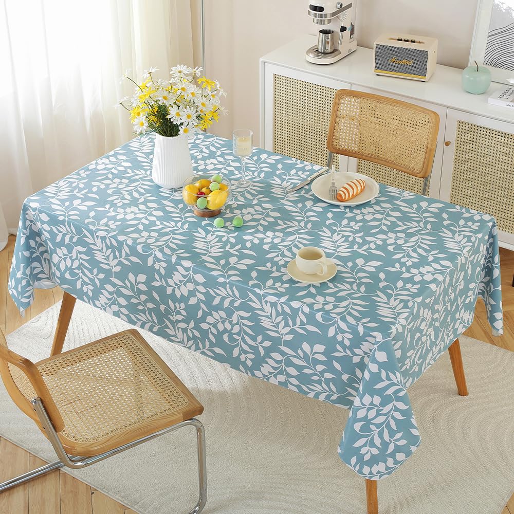 MATIRUG Heavy Duty Vinyl Tablecloth with Flannel Backed, Waterproof Oil-Proof Plastic Table Cloth, Wipeable Spill-Proof PVC Table Cover for Dinner Outdoor Picnic,(Blue Leaf, 52x70 Inch Rectangle)