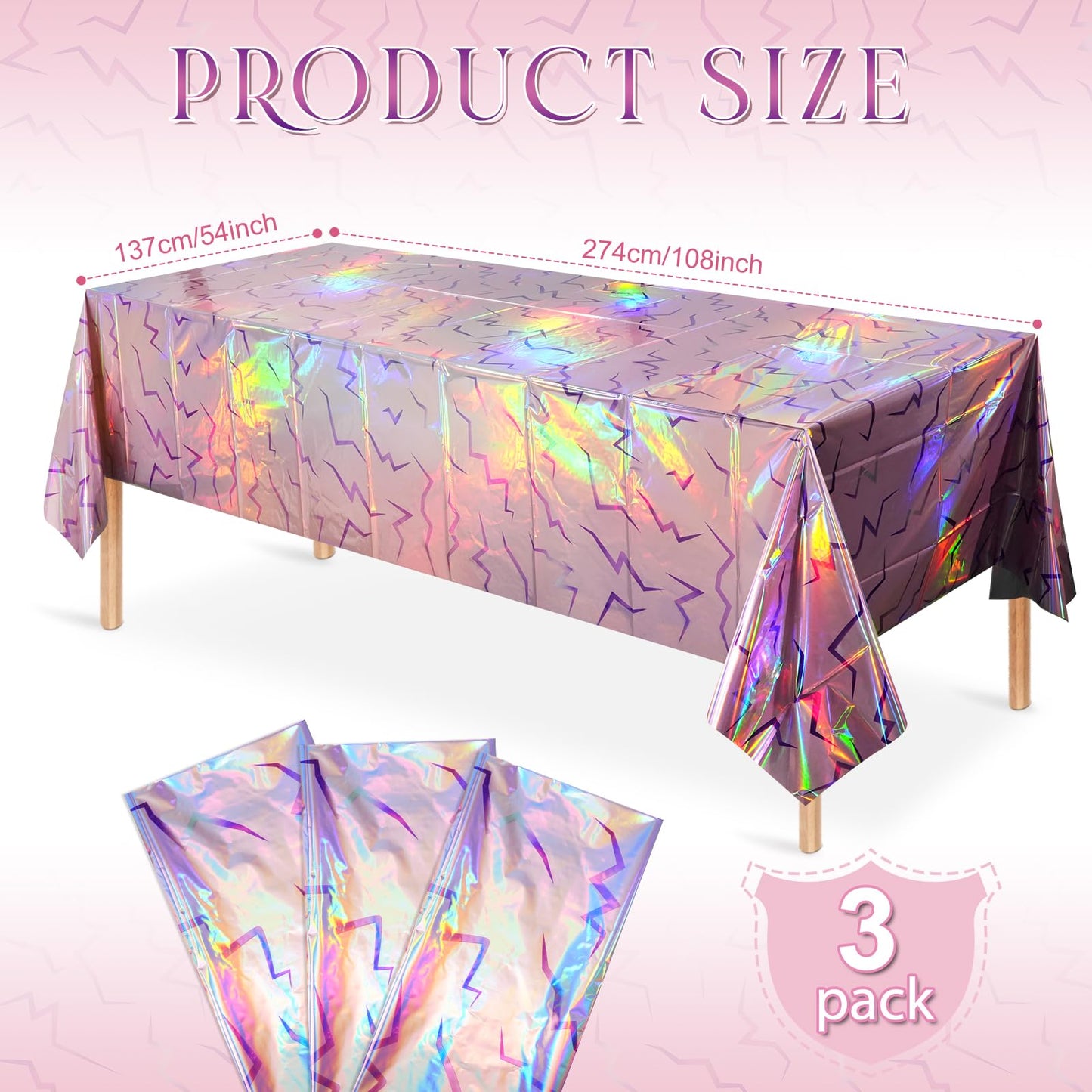 Hallswl 3 Pcs Iridescent Pink and Purple Lightning Tablecloths, Disposable Kpop Table Cloth, Plastic Rectangle Table Covers for Birthday, Bachelorette, Iridescent Party Decorations, 54 x 108 Inch