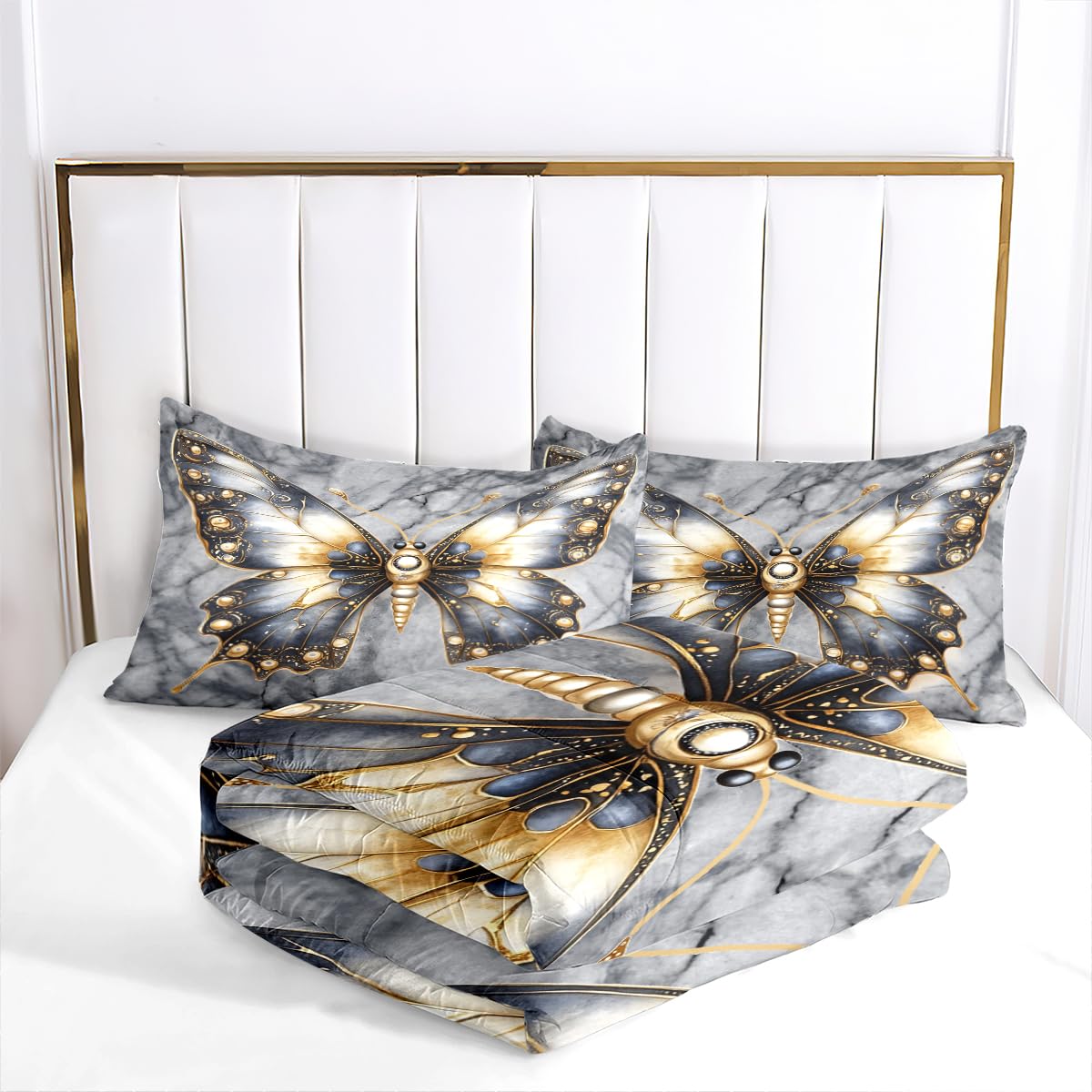 CCoutueChen Kids Butterfly Comforter Twin Size, Grey Marble Bedding Set, 2 Pcs Marble Texture Artistic Warm Microfiber Bed Set with 1 Pillowcase, 68"x86"