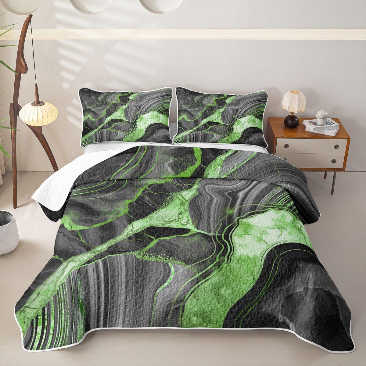 Erosebridal Black Marble Quilt Twin Green Bedding Quilt Set Gray Abstract Marbling Metallic Texture Quilted Bedspread Boho Hippie Fluid Black Coverlet