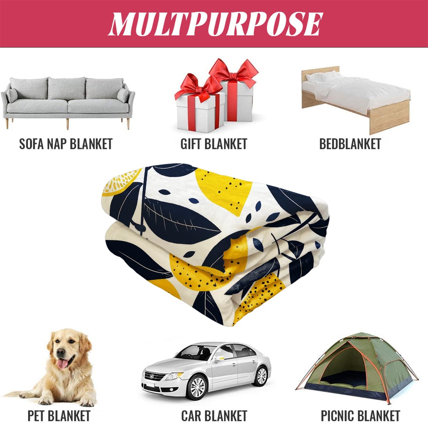 XSMEI Lemon Pattern Throw Blanket, Decorative Fleece Blanket with Fresh Fruit Design, Super Soft Warm and Cozy, Gifts for Women Girls Kids, 60" x 80"