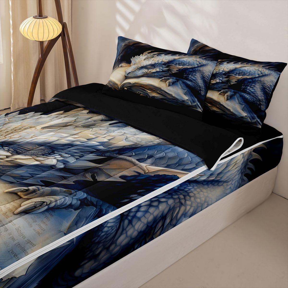 jejeloiu Flying Dragon Comforter Set Twin Zipper Bedding Set for Girls Boys Fantasy Animal Comforter with Fitted Sheet, Pillowcases Ancient Wildlife Zipper Bedding Breathable Cartoon Animal Bed Set