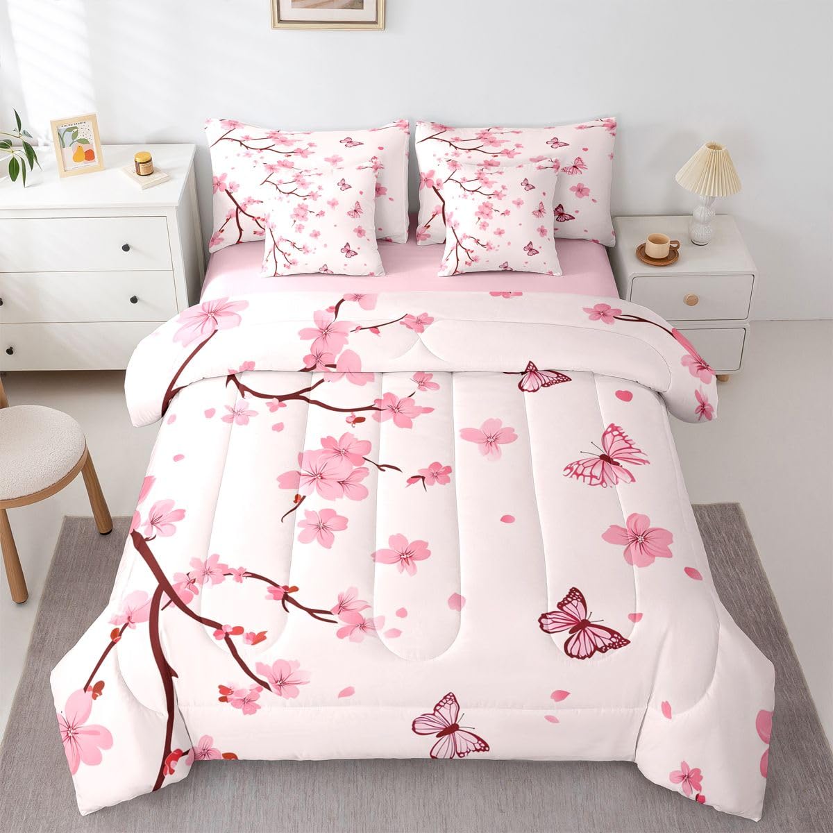 Erosebridal Cherry Blossom Comforter Set Butterfly Bed in A Bag Queen Size 7 Pieces Botanical Floral Printed Bed Set Room Decor Japanese Style Romantic Theme Pink Bedding with Sheets