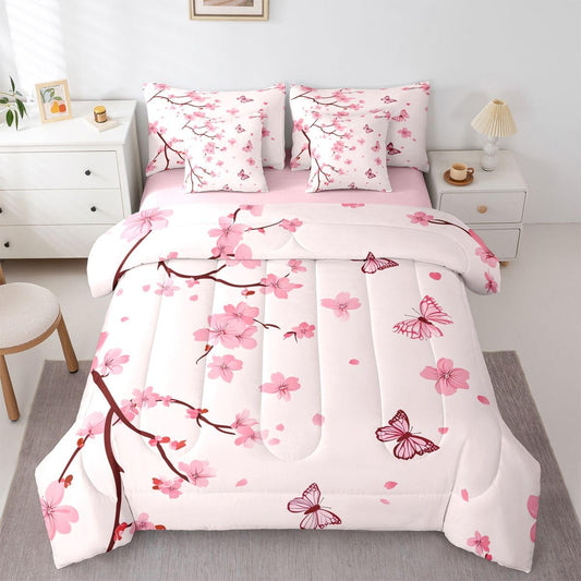 Erosebridal Cherry Blossom Comforter Set Butterfly Bed in A Bag Queen Size 7 Pieces Botanical Floral Printed Bed Set Room Decor Japanese Style Romantic Theme Pink Bedding with Sheets