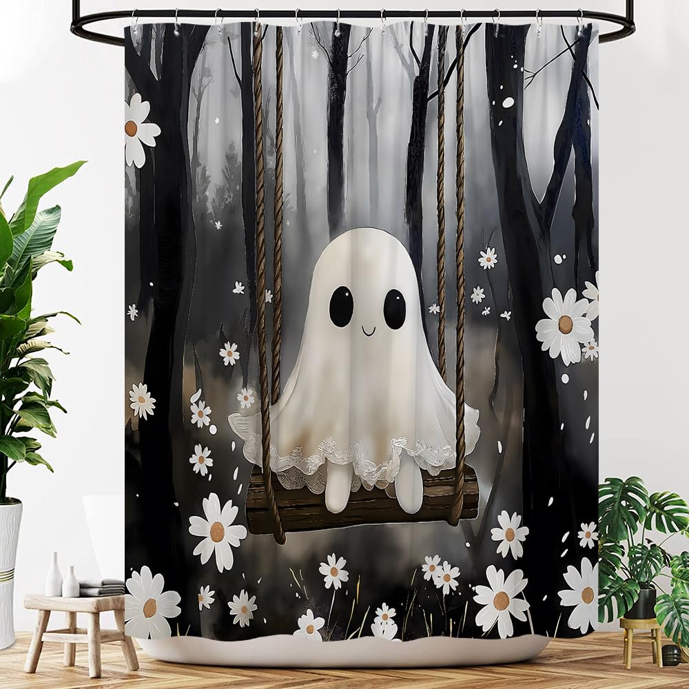 YOZSLGU Cute Ghost Shower Curtain Black Grey Misty Forest Gothic Spooky Fabric Bathroom Decor Curtains with Hooks, 70" Wx70 H
