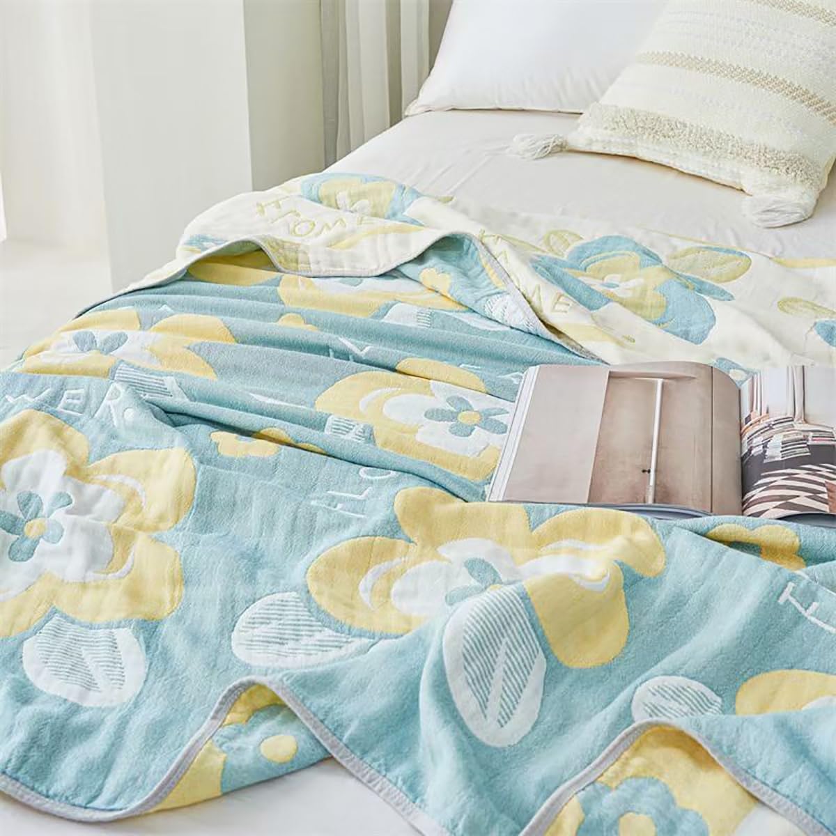 SANACYNA Muslin Blanket 100% Cotton 6-Layer Gauze King Floral Bed Blanket Lightweight Soft Breathable Blanket for Sofa Bed Coverlet Both Sides (Floral Blue, King 90 x 104 in)