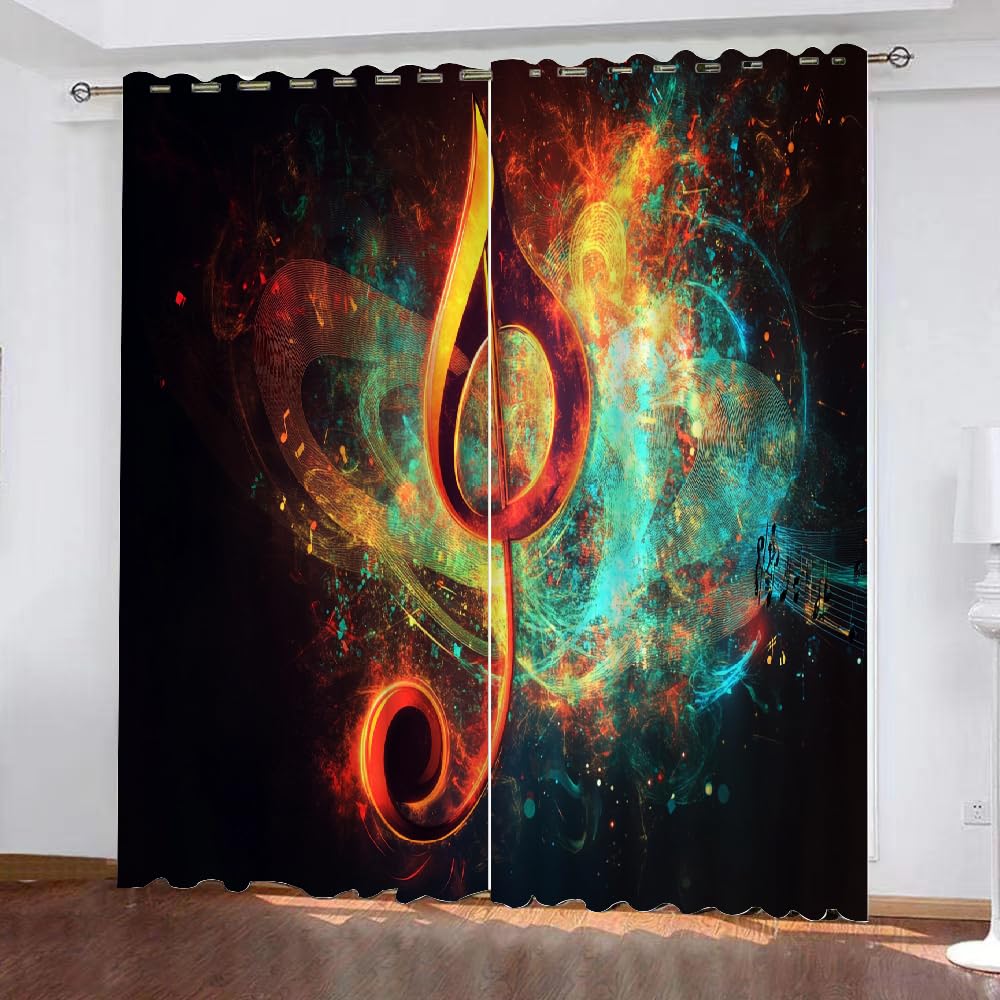 Bright Music Notes Blackout Curtains 2 Panels, Multi Colored Background 3D Printed Drapes, Energy Saving Noise Reducing Window Curtain for Living Room and Bedroom Kitchen(63" W x 63 "L)