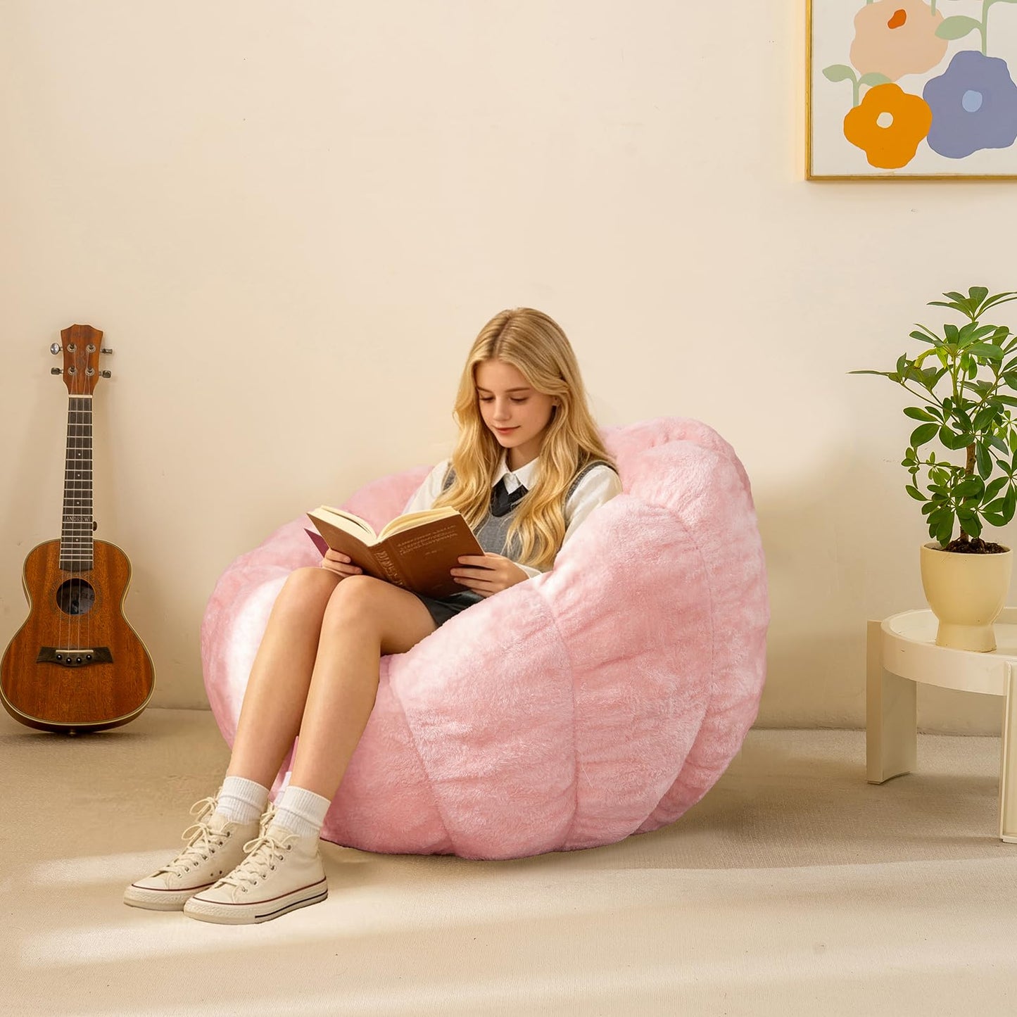 IEVENW Pumpkin Bean Bag Sofa Chair, Bean Bag Chair with Filler for Teens, Kids, Toddler, Comfy and Lazy Sofa for Dorm, Apartment, Living Room and Bedroom, Pink