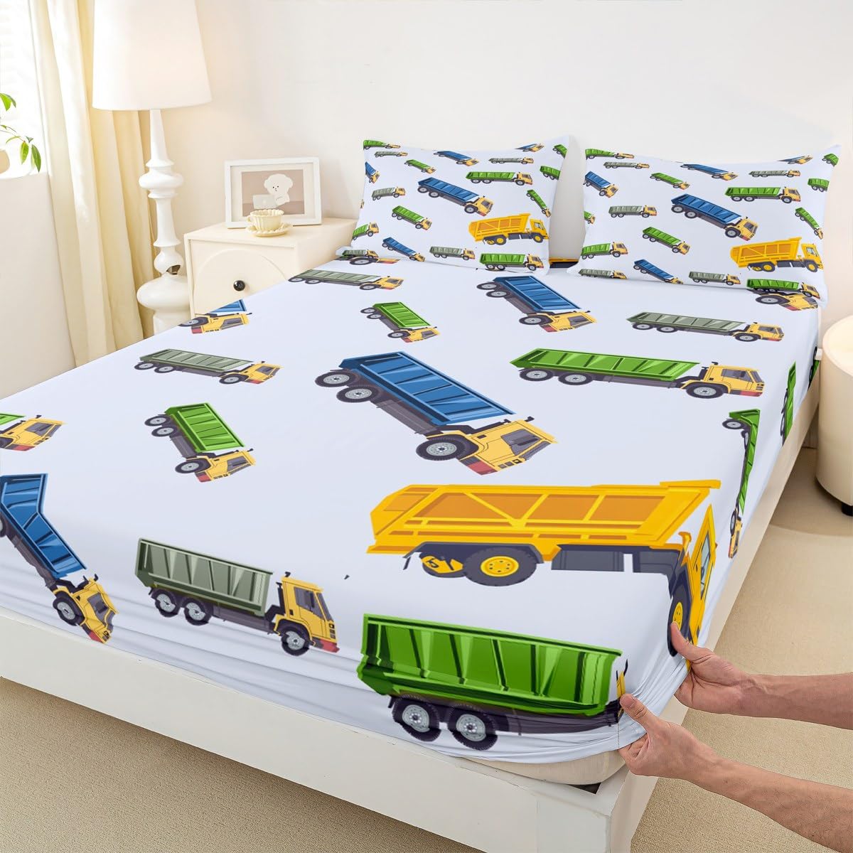 Cute Garbage Truck Bed Sheet Set - Cartoon Car Equipment Fitted Sheet for Boys Girls - Rubbish Vehicle Bedding Cover Full Size With 2 Pillow Cases