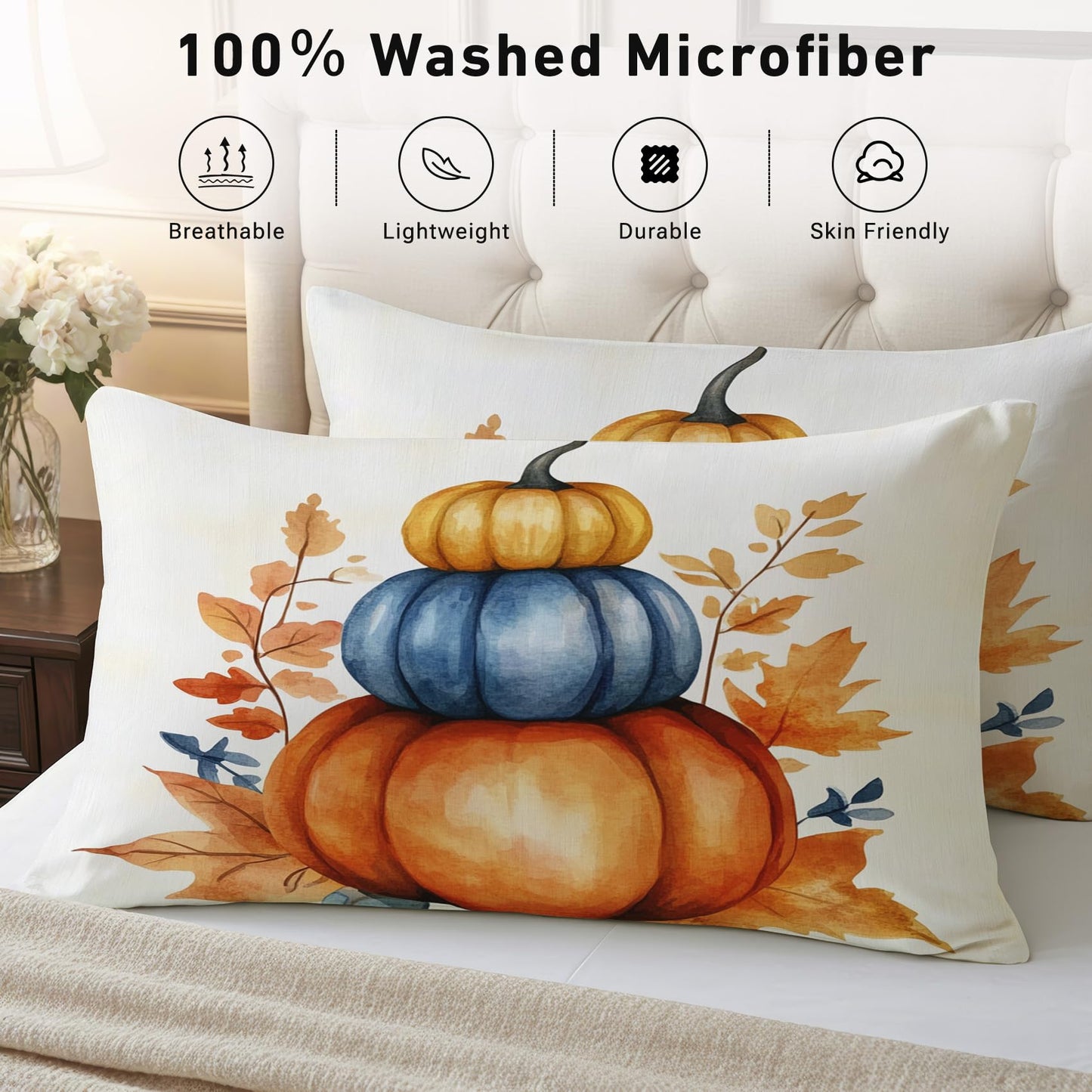 Zoainuos Pumpkin Gifts, Fall Pumpkin Maple Leaves Sheets Full Size Bed Sheet Set, Soft Microfiber Deep Pocket Wrinkle Free Bedding Sheets & Pillowcases, Thanksgiving Decor for Bedroom