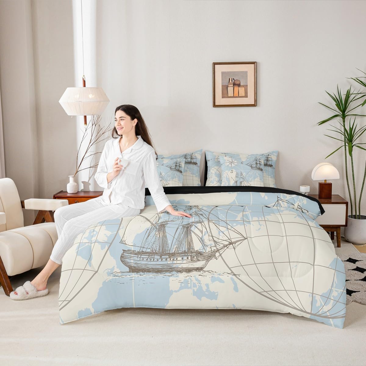 Erosebridal Nautical Full Comforter Set 7 Pieces, World Map Bed in A Bag for Bedroom, Sailing Boat Yacht Bedding Set with Comforters, Sheets, Pillowcases Retro Compass Room Decor