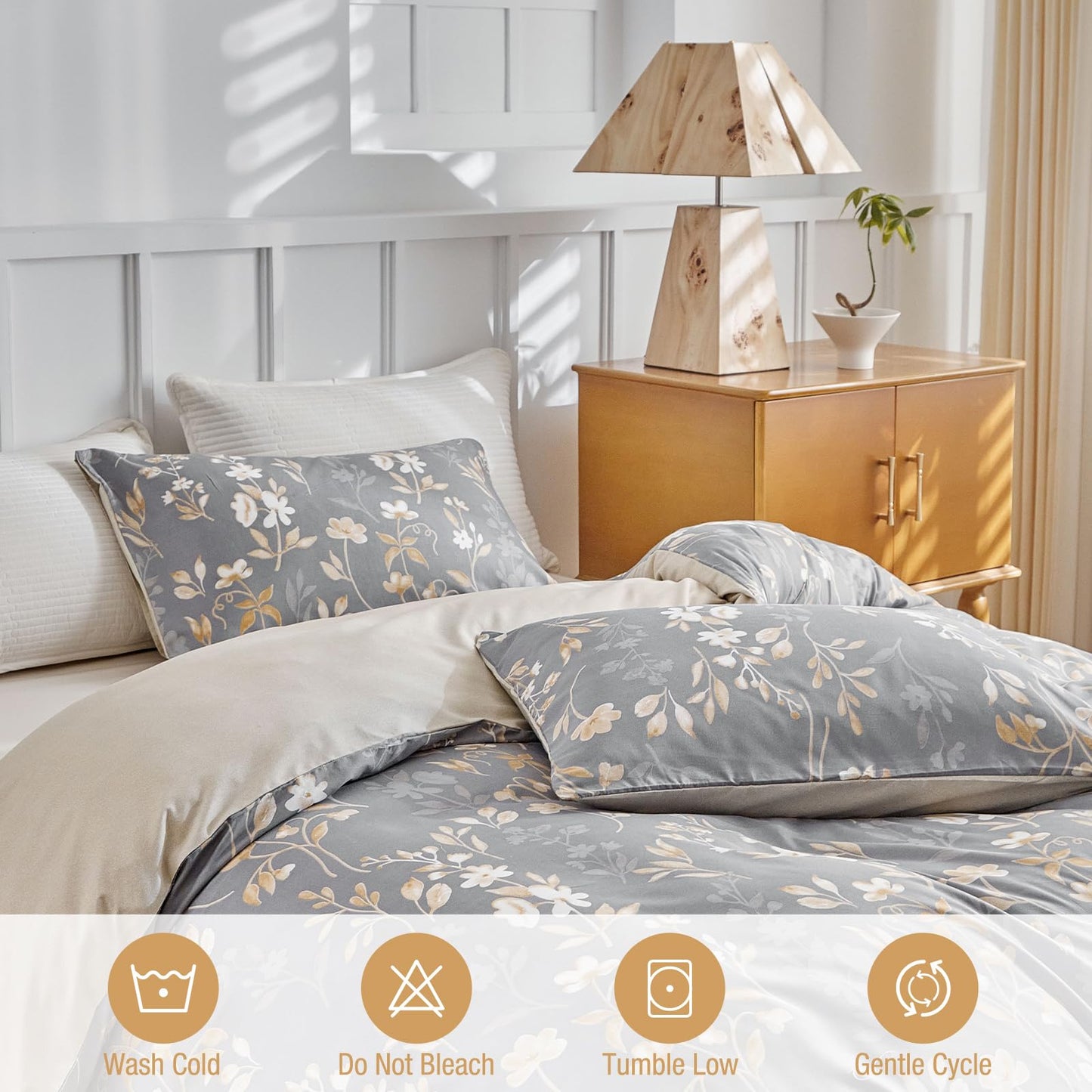 Lekesky King Duvet Cover Set, Gold Floral Duvet Cover King Size, 3 Pieces Grey Bedding Sets with Zipper, Ultra Soft Microfiber Reversible King Size Comforter Cover with 2 Pillowcases 20"x36"