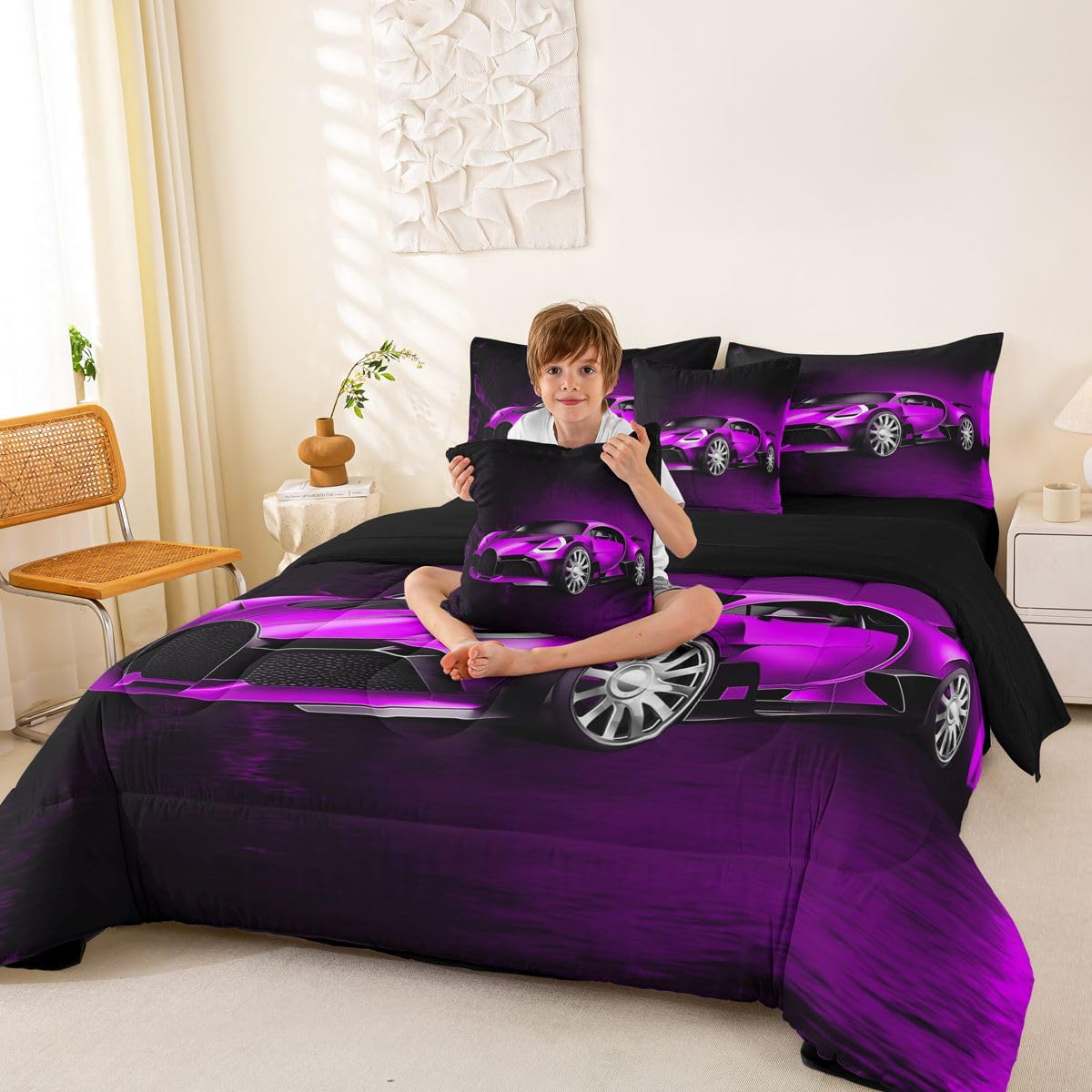 Feelyou Sports Car 7 Piece Bedding Set Purple Race Car Comforter Set with Sheets for Kids Boys Girls Extreme Sports Bed in a Bag Cool Speed Luxury Car Decor Quilt with 2 Pillowcases Queen