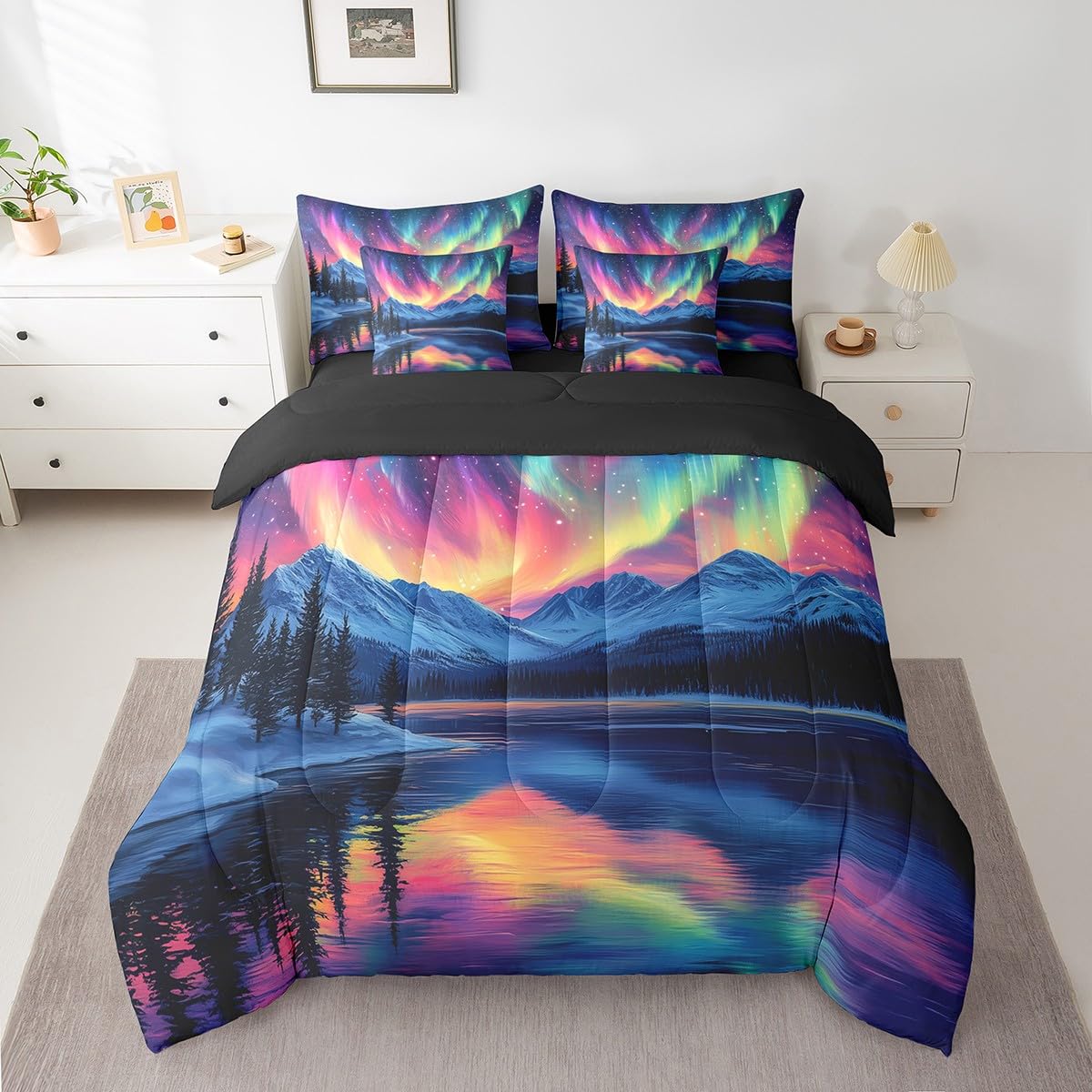 jejeloiu Mountain Lake Comforter Set with Sheets Twin Size Kids Aurora Starry Night Sky 7 Pieces Bedding Set for Boys Girls Teens Nature Landscape Bed in a Bag Breathable Galaxy Bed Set Room Decor