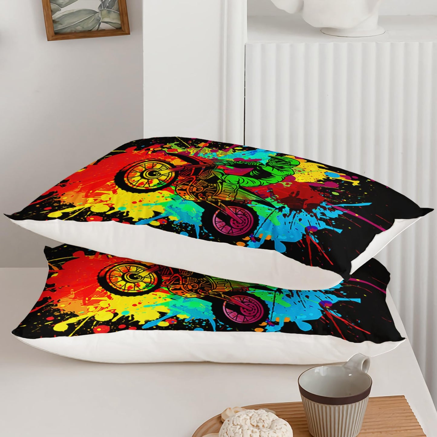 Axolotl Motocross Bedding Set Twin,Dirt Bike Comforter Set,Extreme Sports Bedding,Motorcycle Racer Comforter Set Motocross Comforter Motor Vehicles Biker for Boys Kids Teens Men,1 Quilt 2 Pillowcases