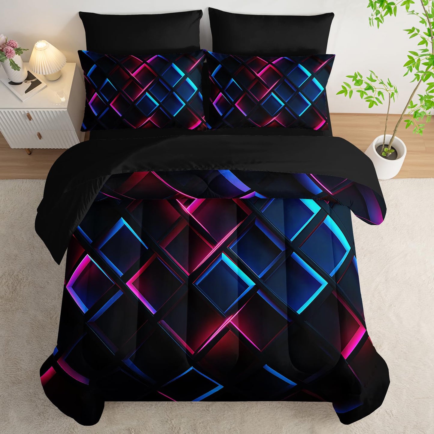 Nttopship Blue Black Geometric Comforter Set Twin Size 3D Stereoscopic Square Bedding Set Honeycomb Bedding Set 7 Pieces Modern Style Geometry Decor with Pillowcases,Flat, Fitted Sheet