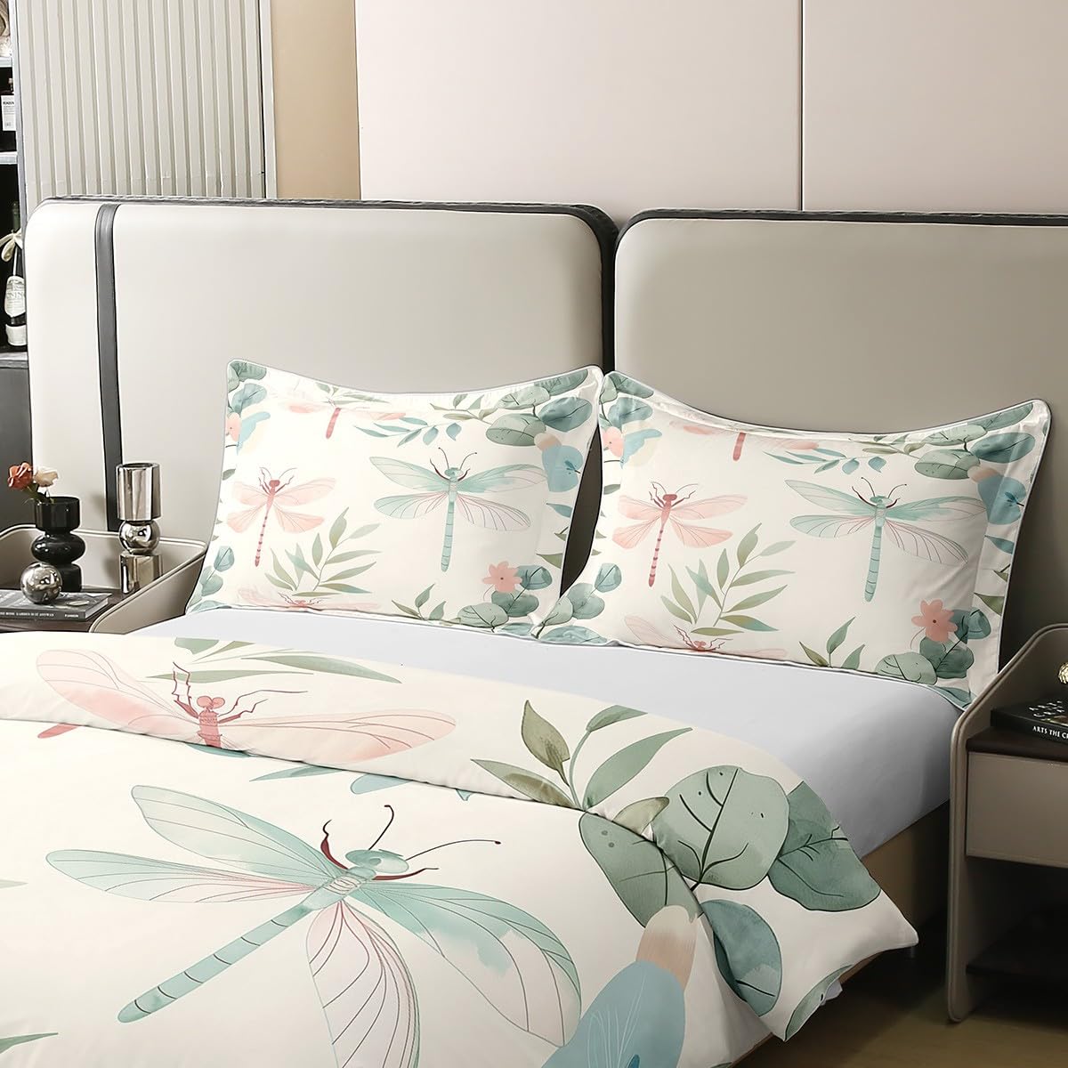 Erosebridal Dragonfly Bed Set,Minimalist Style Bedspread Cover,Green Branches Leaf Duvet Cover,Rustic Natural Garden Comforter Cover for Girls Women Lady Twin Size