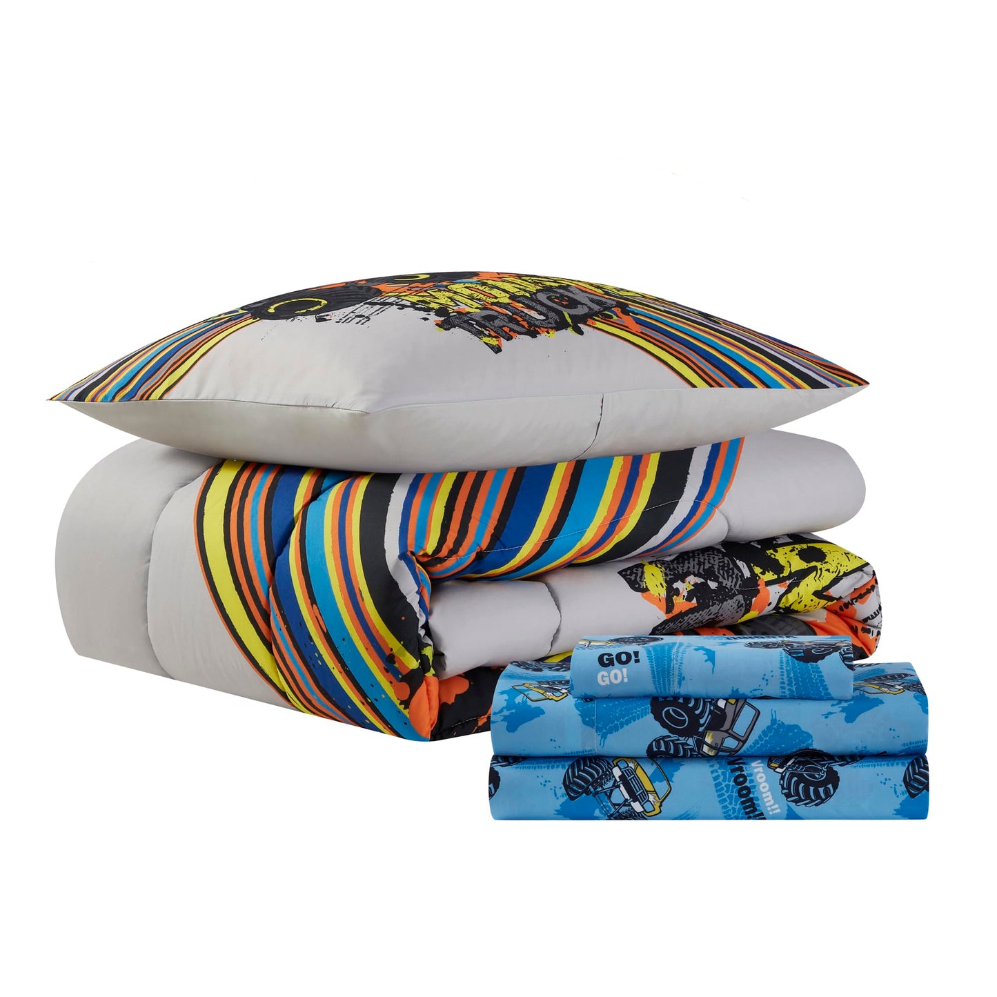 Kids Bedding Set Bed in a Bag for Boys and Girls Toddlers Printed Sheet Set and Comforter, Twin, Monster Truck