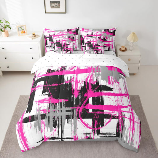 Feelyou Rose Pink Grey Black Comforter Set Queen Size Kids Abstract Art Comforter for Boys Modern Striped Art 7 Pieces Bedding Set Geometric Duvet Set Room Decor Quilt Set
