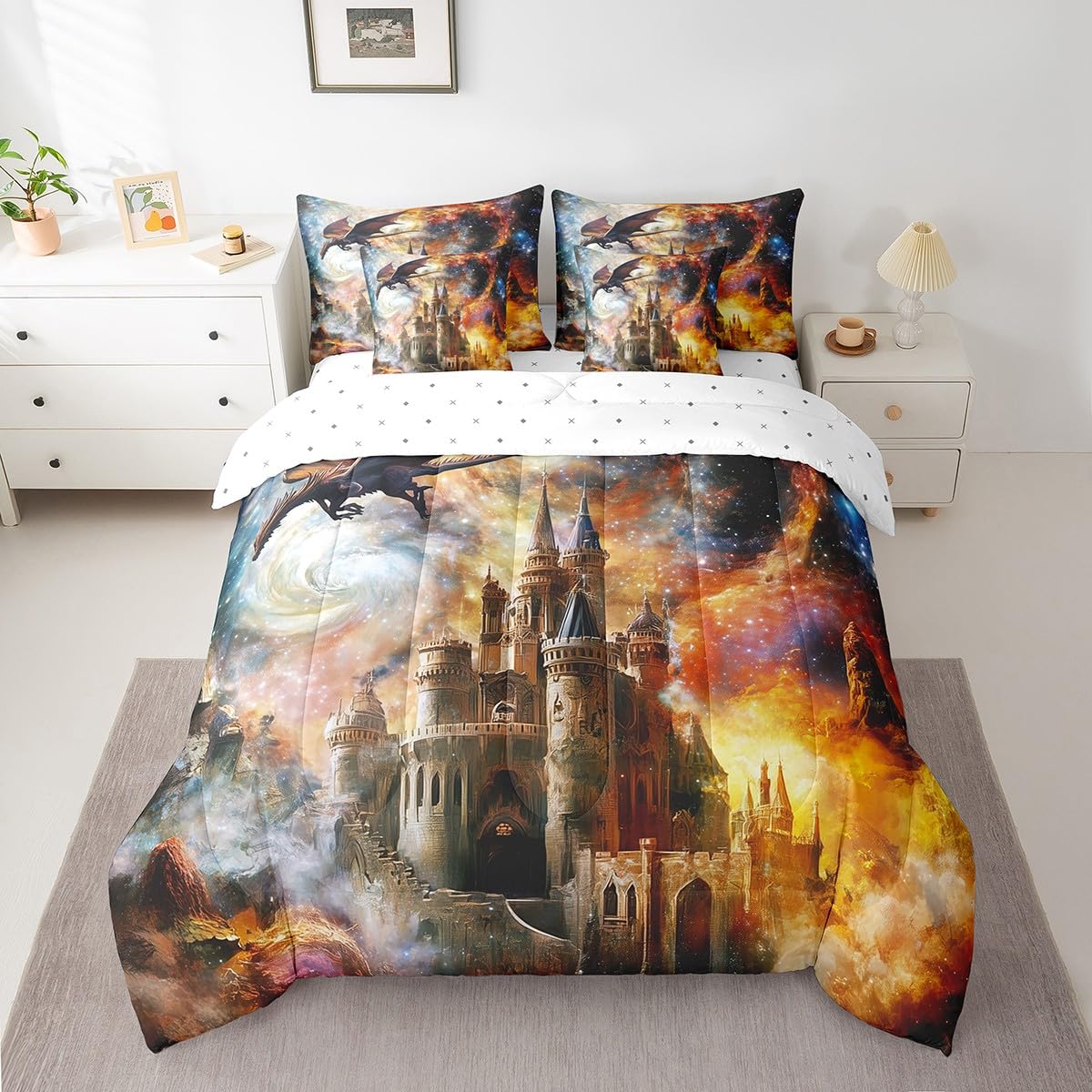 7 Pieces Retro Castle Galaxy Comforter Set Queen,Flying Dragon Bed Set for Kids Boys Girls,Magical Starry Sky Bedding(1 Comforter,1 Fitted Sheet,1 Flat Sheet,2 Pillowcases,2 Throw Pillow Cover)