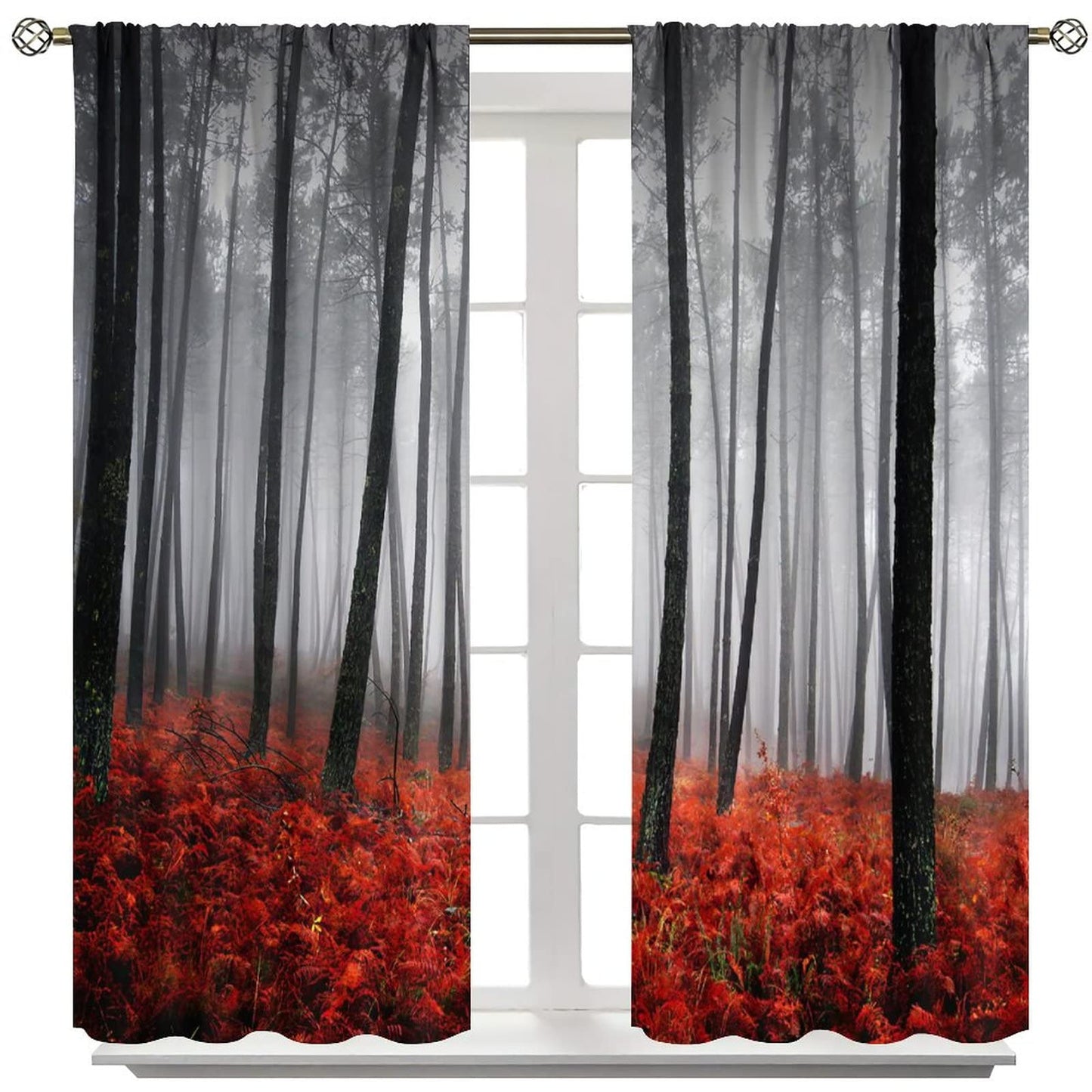 JESTRONRY Forest Window Curtain,Red Fantasy Misty Forest Trees Jungle Bushes Blackout Rod Pocket Window Drapes 2 Panel Set for Living Room Bedroom Kitchen Bathroom Decor W42xL45in