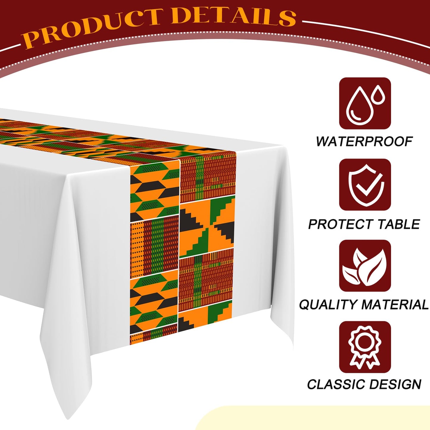 Oudain 6 Pcs 54" x 108" Kente Plastic Tablecloths Black History Month Table Covers Juneteenth Tablecloths Disposable African American Table Decorations for Kwanzaa Home Decor(White,Fresh)