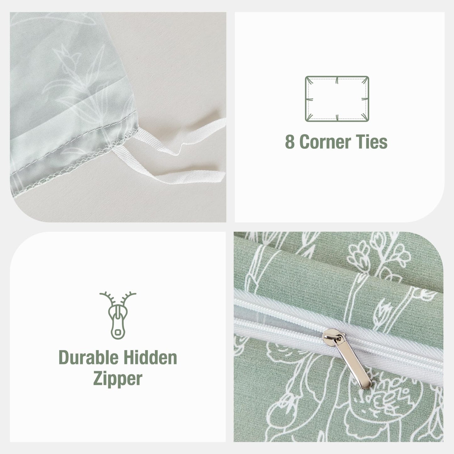 Lekesky Floral Duvet Cover King Size, Sage Green Duvet Cover King Plant Flowers Pattern Bedding Set for All Season, Soft Breathable Duvet Cover with Zipper Closure & Corner Ties