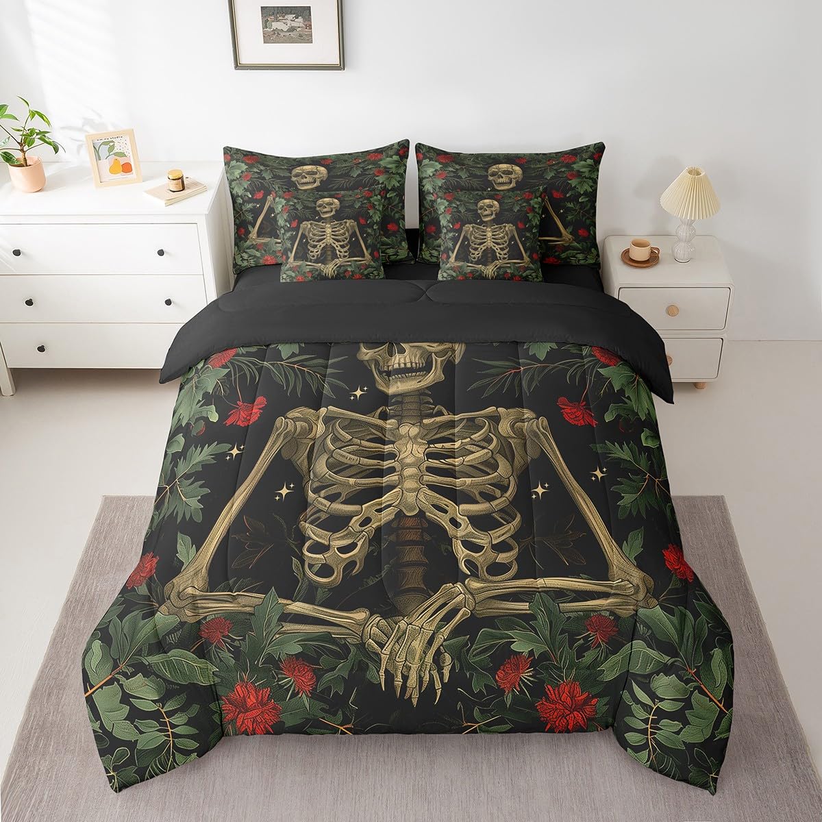 Homewish Gothic Skeleton Reversible Comforter Set 7 Piece King Size,Stars Skull Print Romantic Floral Bed Sheet Set Red Flowers Green Leaves Plant Bedding Set with Comforter,Fitted & Flat Sheet