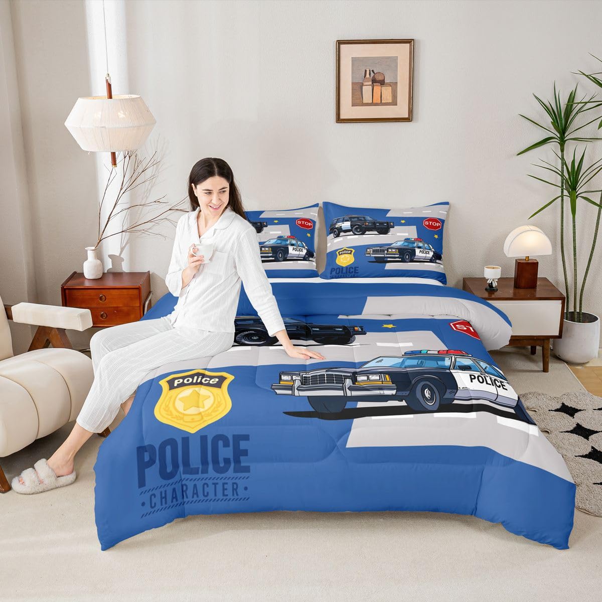 Erosebridal Police Car Comforter Set for Kids Twin Size, Cartoon Policeman Bedding Set for Boys Teens, Vehicle Comforter, Badge Quilt Duvet Set 1 Pillowcase Blue Grey