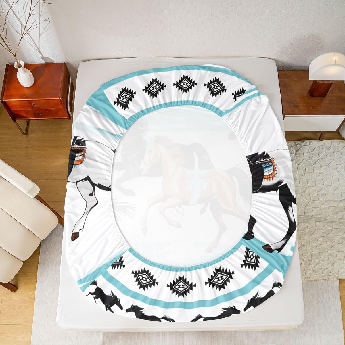 jejeloiu Horses Bed Sheets Set Queen Size Tribal Farm Sunset Run Bed Set Farmhouse Wildlife Deep Pocket Fitted Sheet Southwestern Native Aztec Breathable Soft Lightweight Microfiber