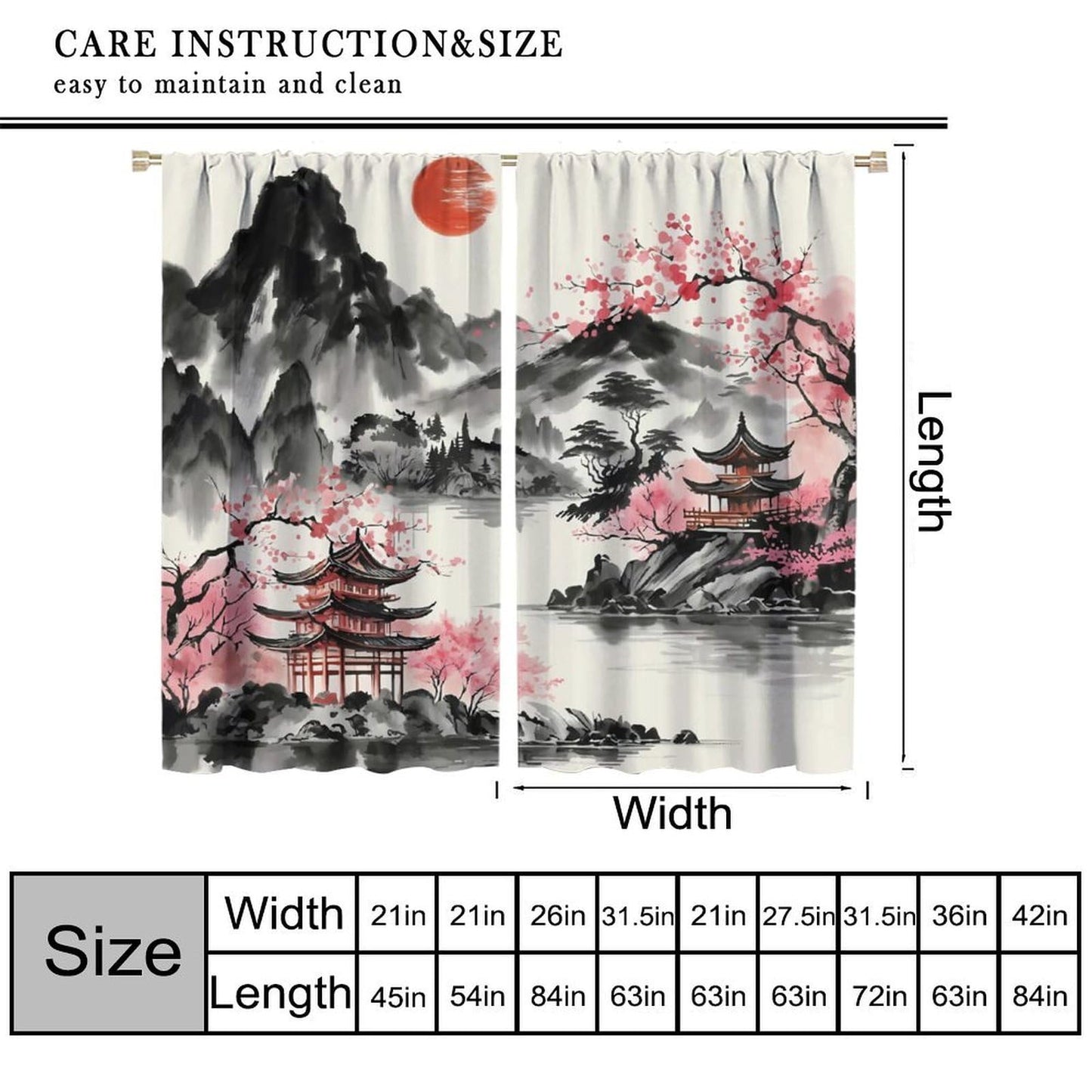 YSWOW Japanese Curtains, Asian Cherry Blossom Landscape Japanese Animation Art Printed Window Drapes for Bedroom Living Room Kitchen Decor Fabric 2 Panel 42x45 Inch 30% Shading Rate