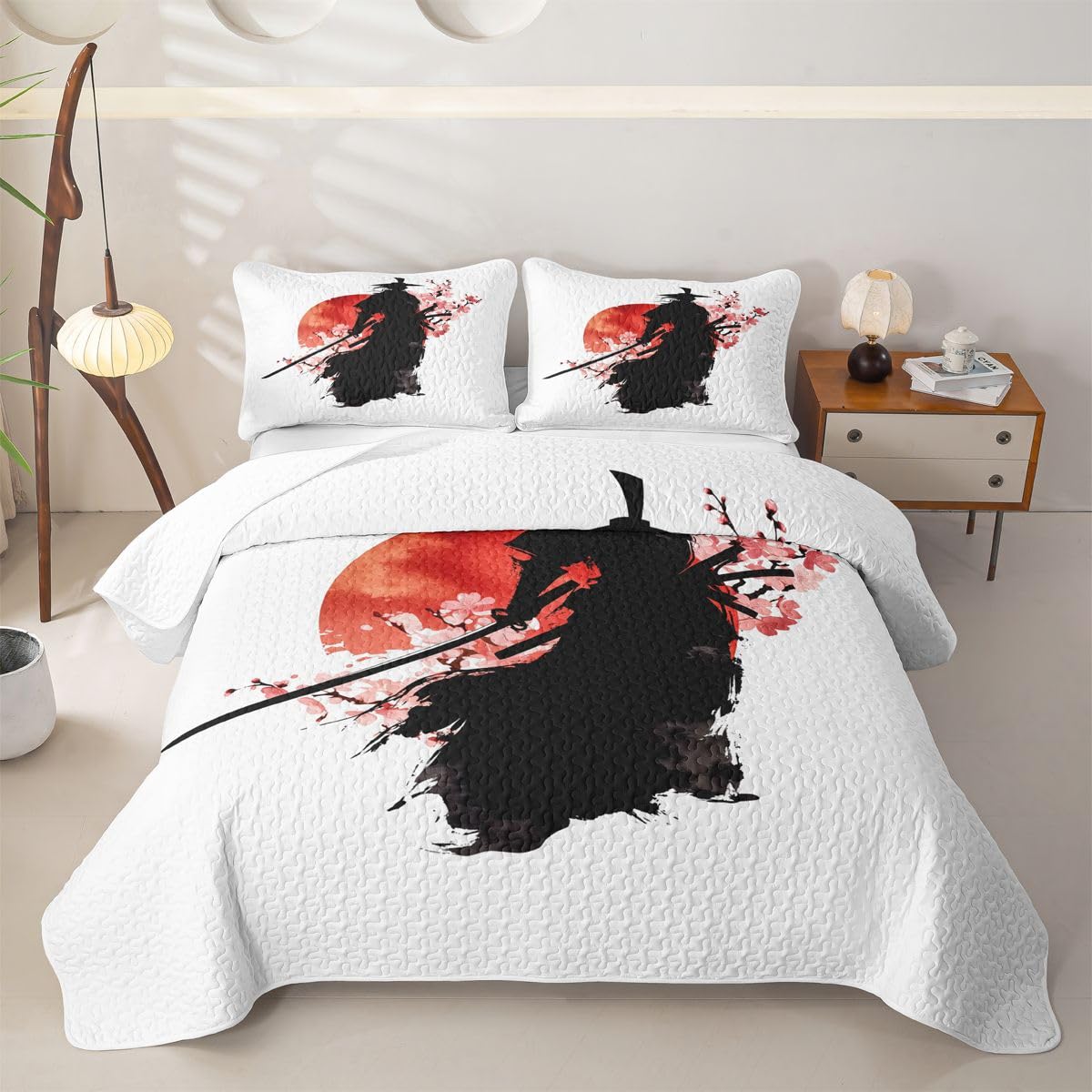 Erosebridal Samurai Quilts Twin Size - Red Sun Japanese Bedspread Coverlet Set, Japan Warrior Quilt Coverlets 2Pcs (Only 1 Pillowcase)