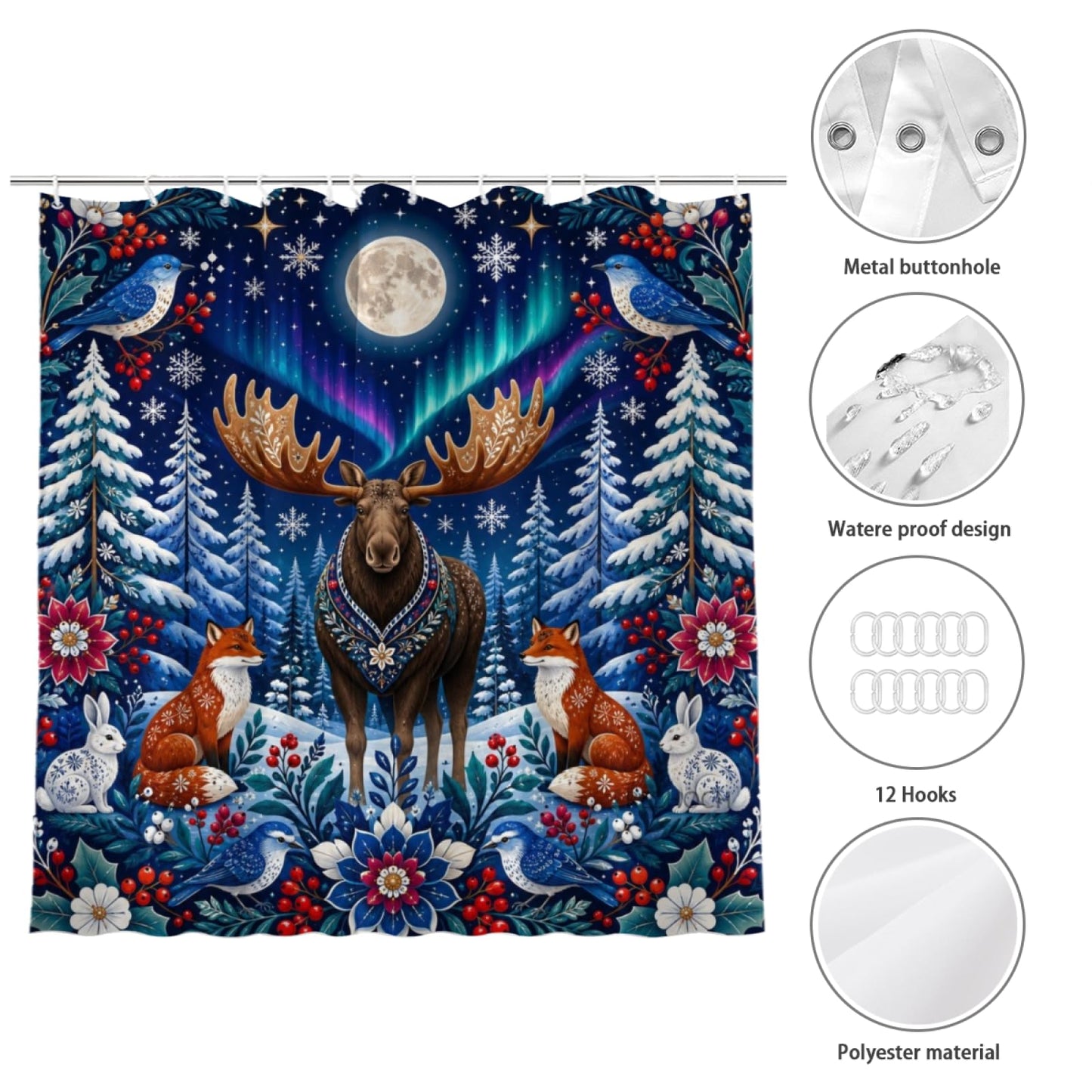 REZHOCH Moose Forest Shower Curtain 72x72 Inch, Aurora Night Moose Fox Rabbit Snowflake Woodland Floral Art Bathroom Decor, Rustic Wildlife Bath Set with Hooks