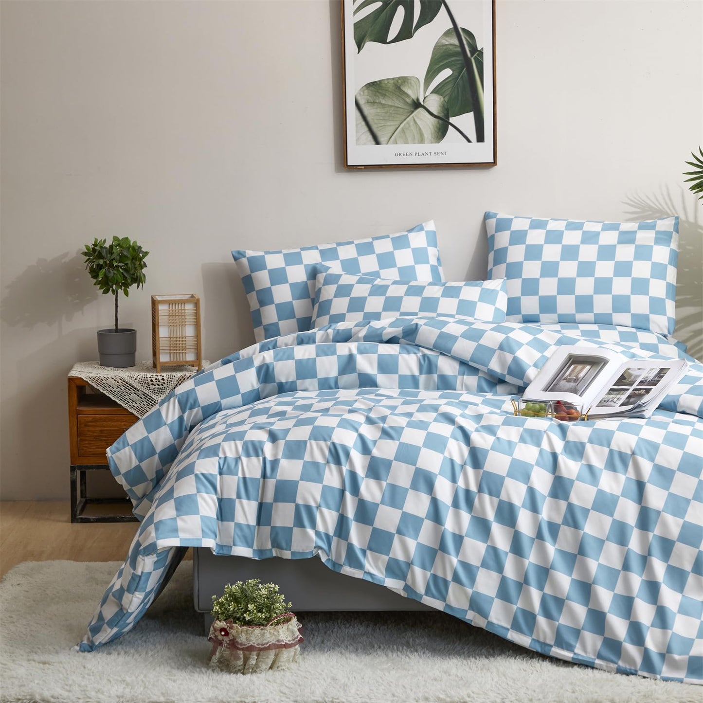 CLOTHKNOW Blue White Plaid Queen Duvet Cover Set 3Pcs Grid Bedding Sets Checkerboard Comforter Cover Sets with 2 x Pillowcases