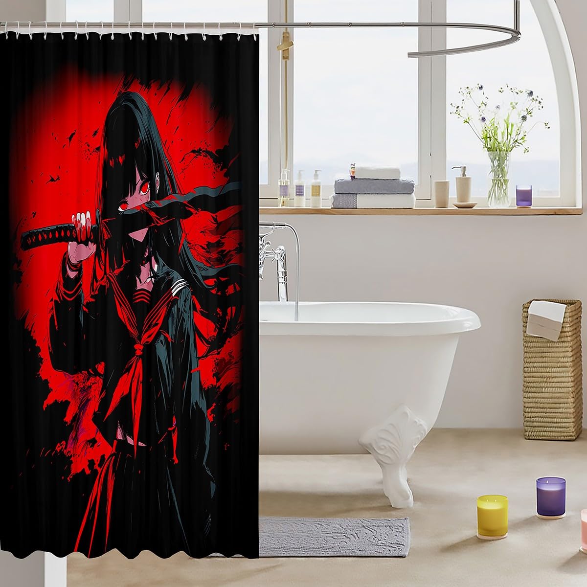 Erosebridal Japanese Anime Fabric Shower Curtains for Kids, Anime Girl Bath Curtain Japanese Girl Shower Curtain for Girls Teens, Kawaii Animation Red Black Bathroom Accessories, 72" W X 78" L