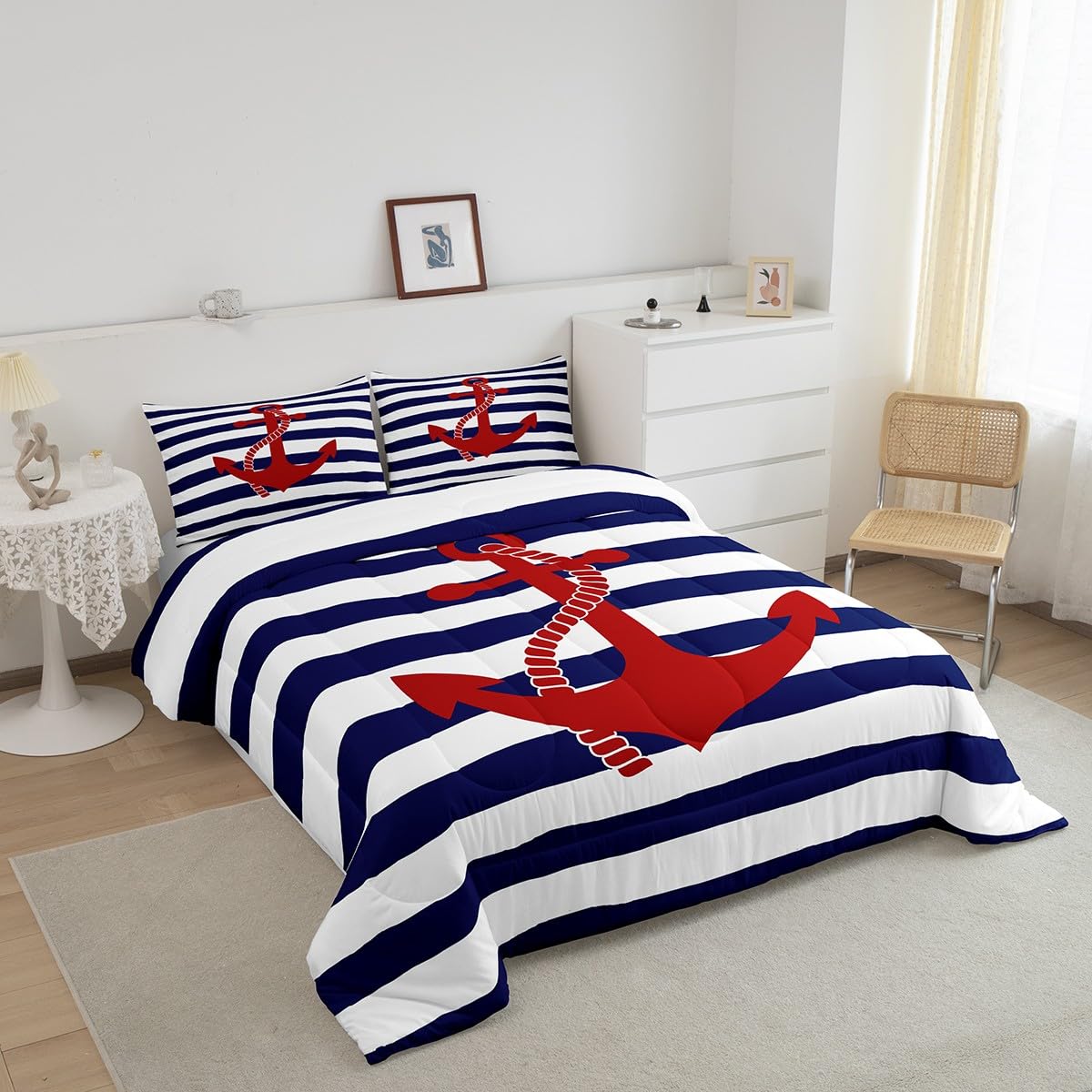 Geometric Stripes Comforter Set Twin Size,Nautical Anchor Bedding Sets 2Pcs Kids Boys Bedroom Decor 1 Pillowcase Ocean Adventure Theme Quilted Duvet Modern Navy Blue Red Bedspread Comforter